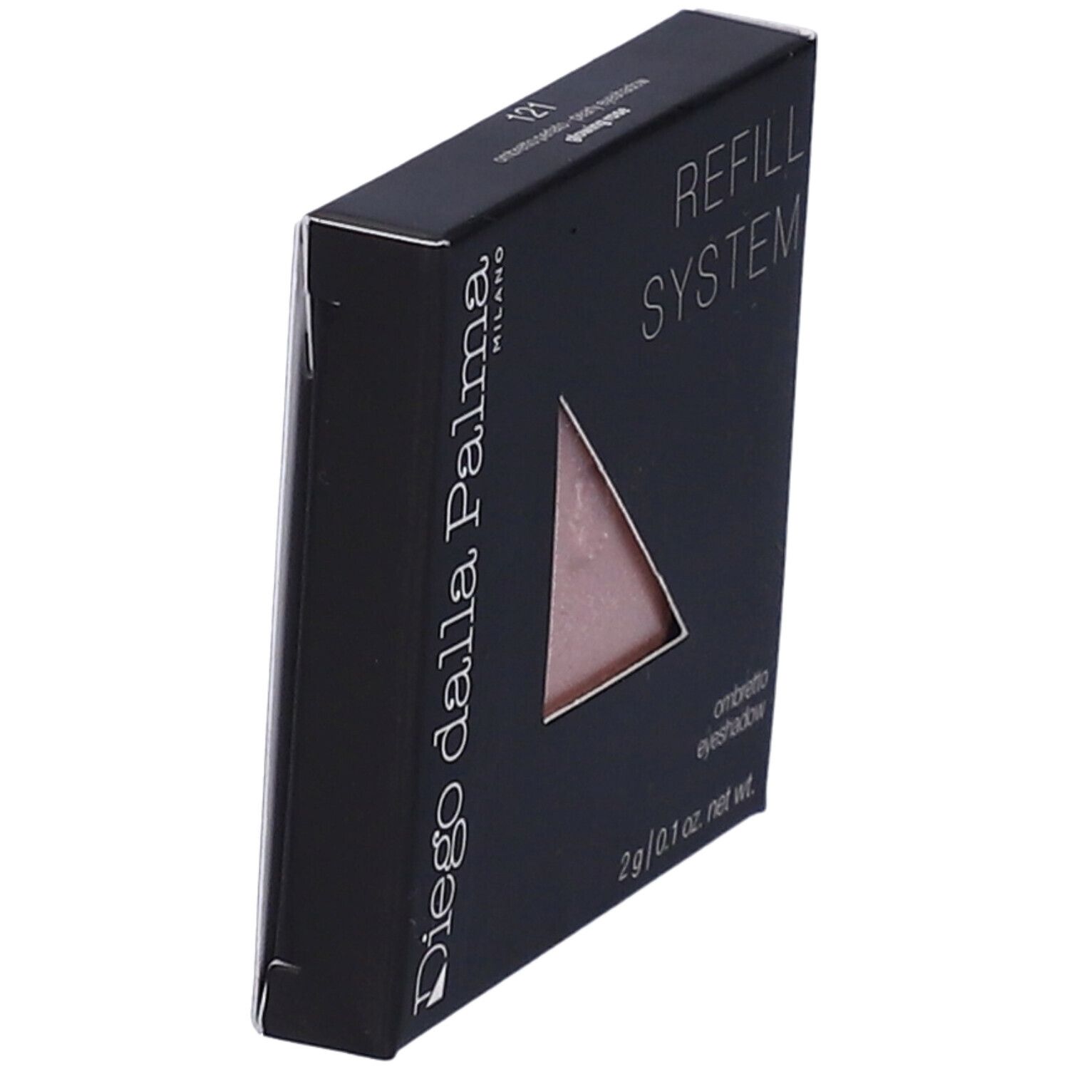 Confezione nera con ombretto rosa. Testo: Diego dalla Palma Milano, Refill System, Ombretto, 2 g.