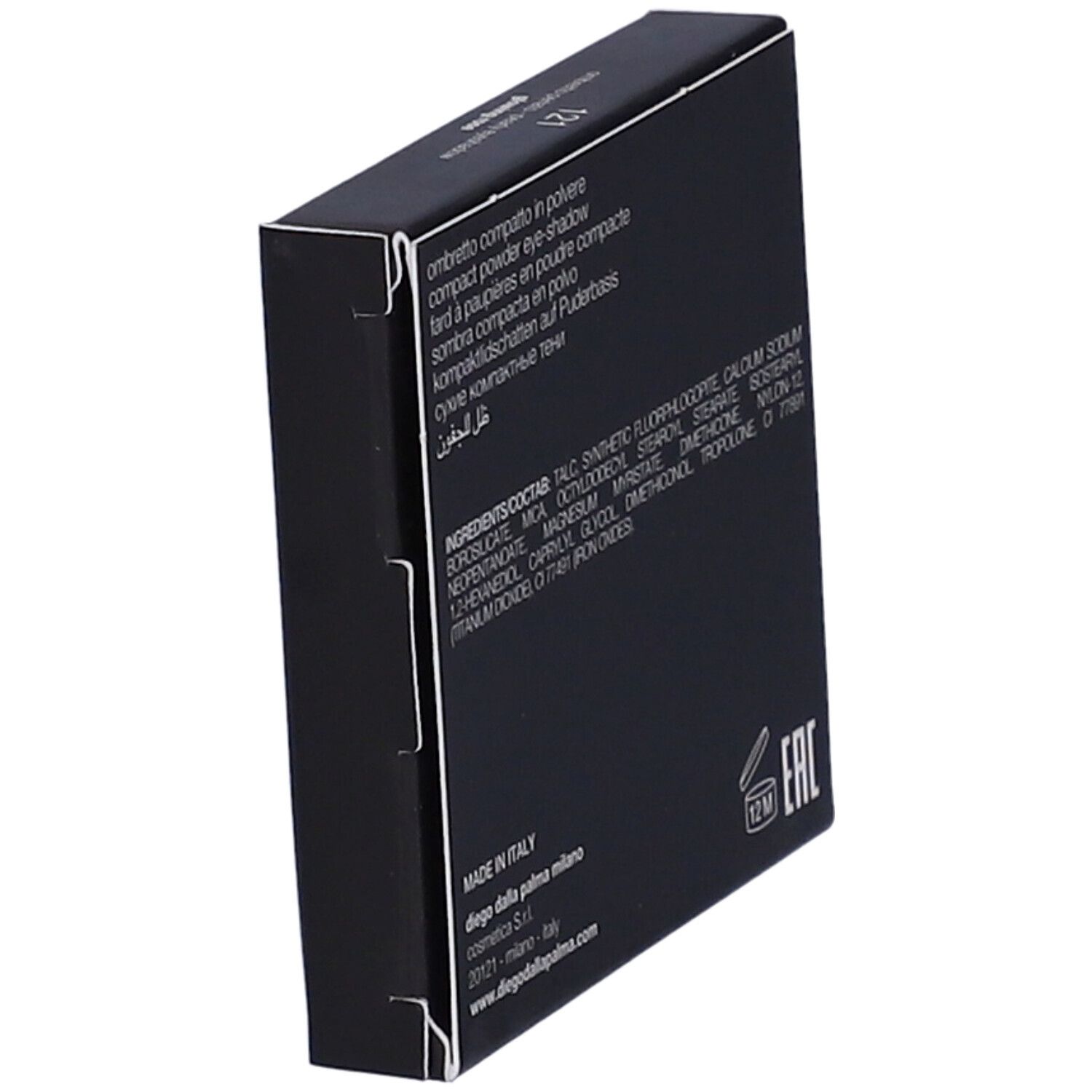 Confezione nera con testo. Testo: Ombretto compatto in polvere, ingredienti, Made in Italy, 12M, EAC.
