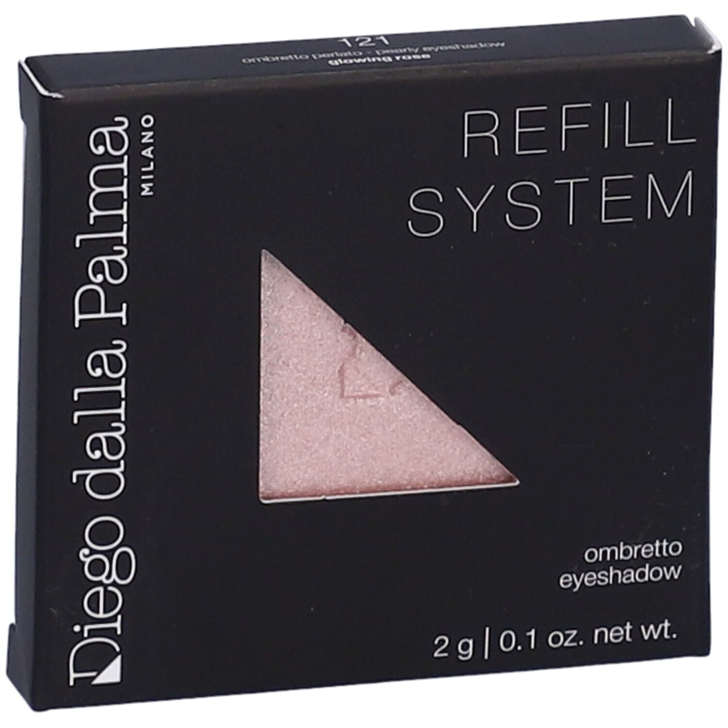 Confezione nera con ombretto rosa. Testo: Diego dalla Palma Milano, Refill System, Ombretto, 2 g.