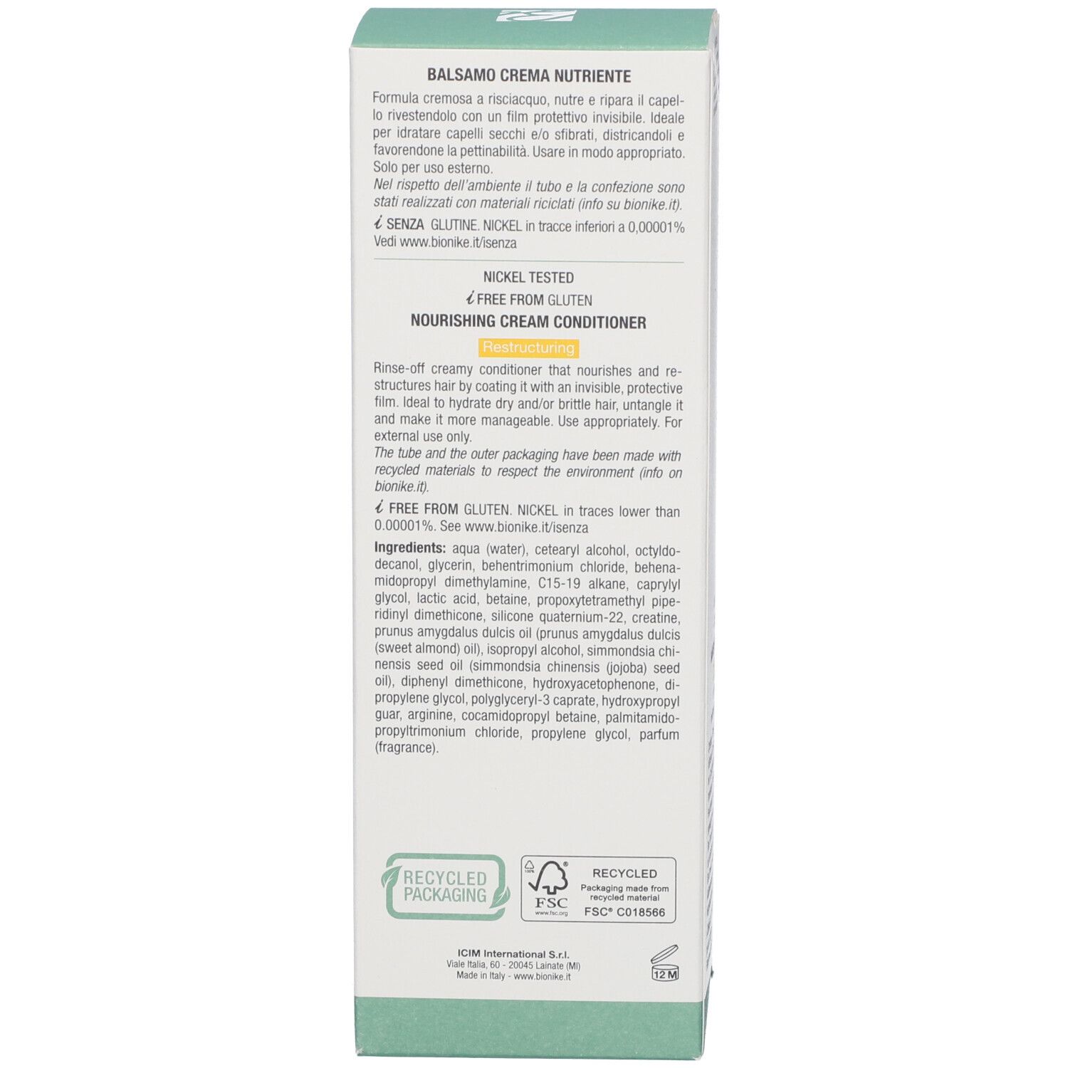 Lato della confezione. Testo: Balsamo Crema Nutriente, Nickel Tested, Senza Glutine, 200 ml.