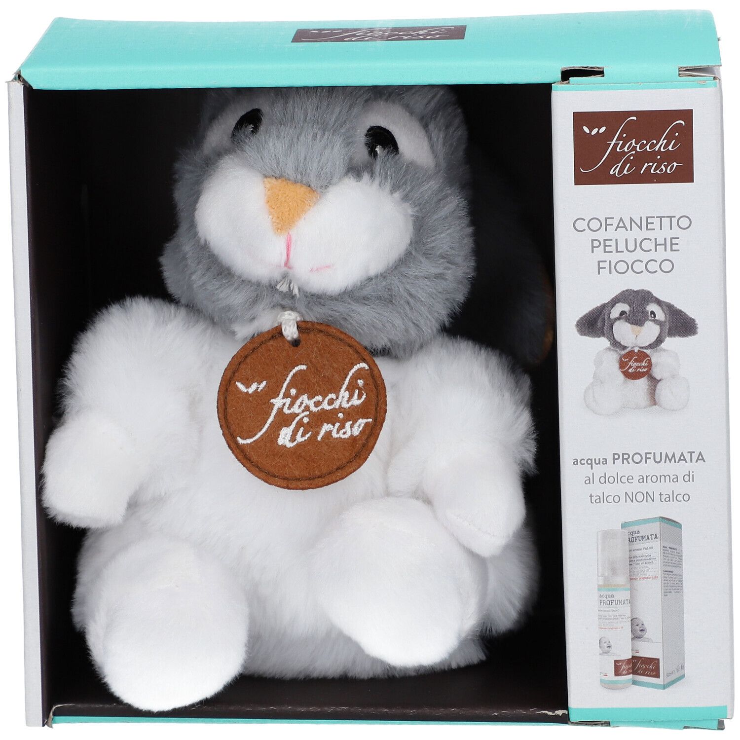 Confezione regalo con peluche coniglio e confezione prodotto. Scritta: Fiocchi di Riso. Nome prodotto: Cofanetto Peluche Fiocco.