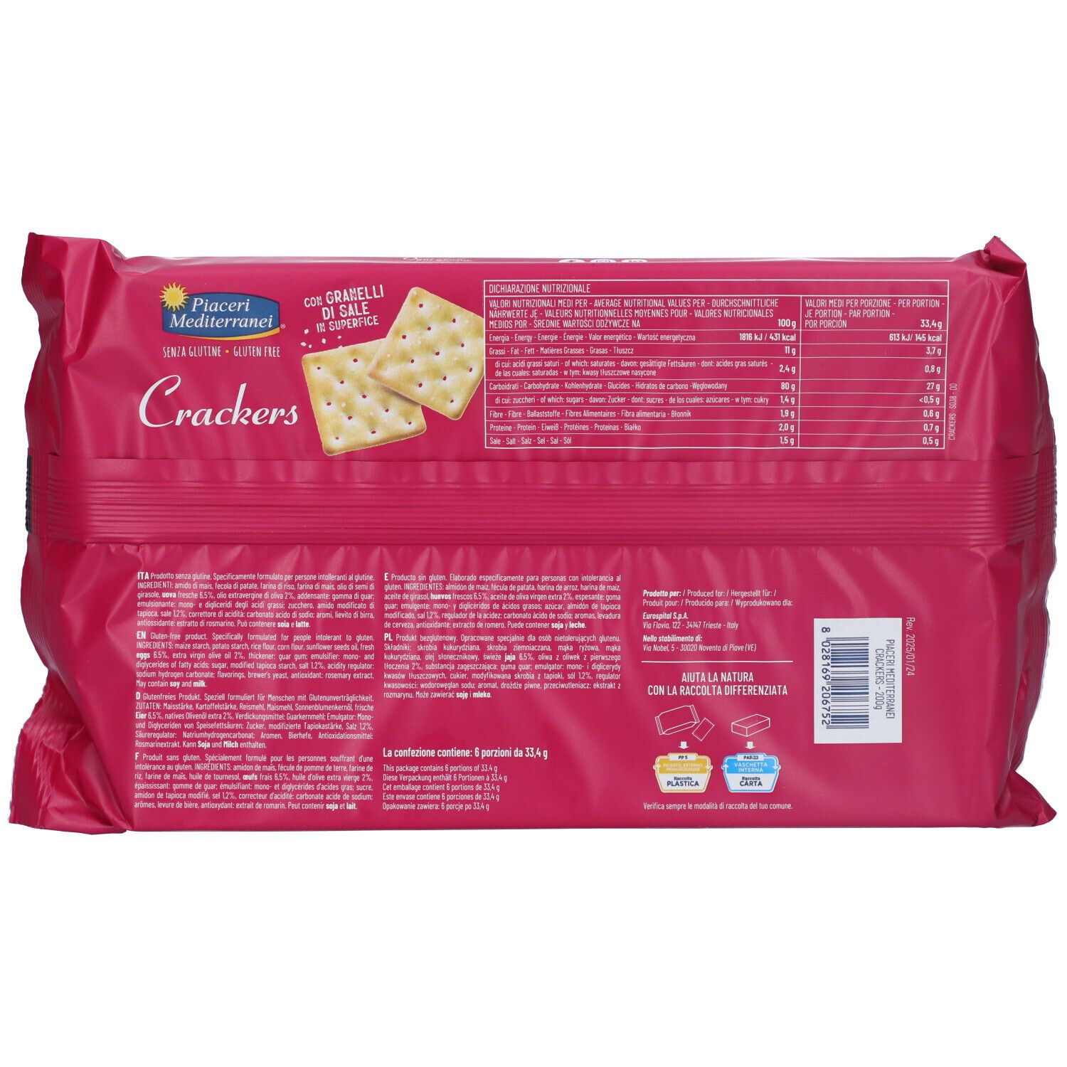 Retro della confezione di cracker Piaceri Mediterranei, senza glutine. Informazioni nutrizionali e lista ingredienti.