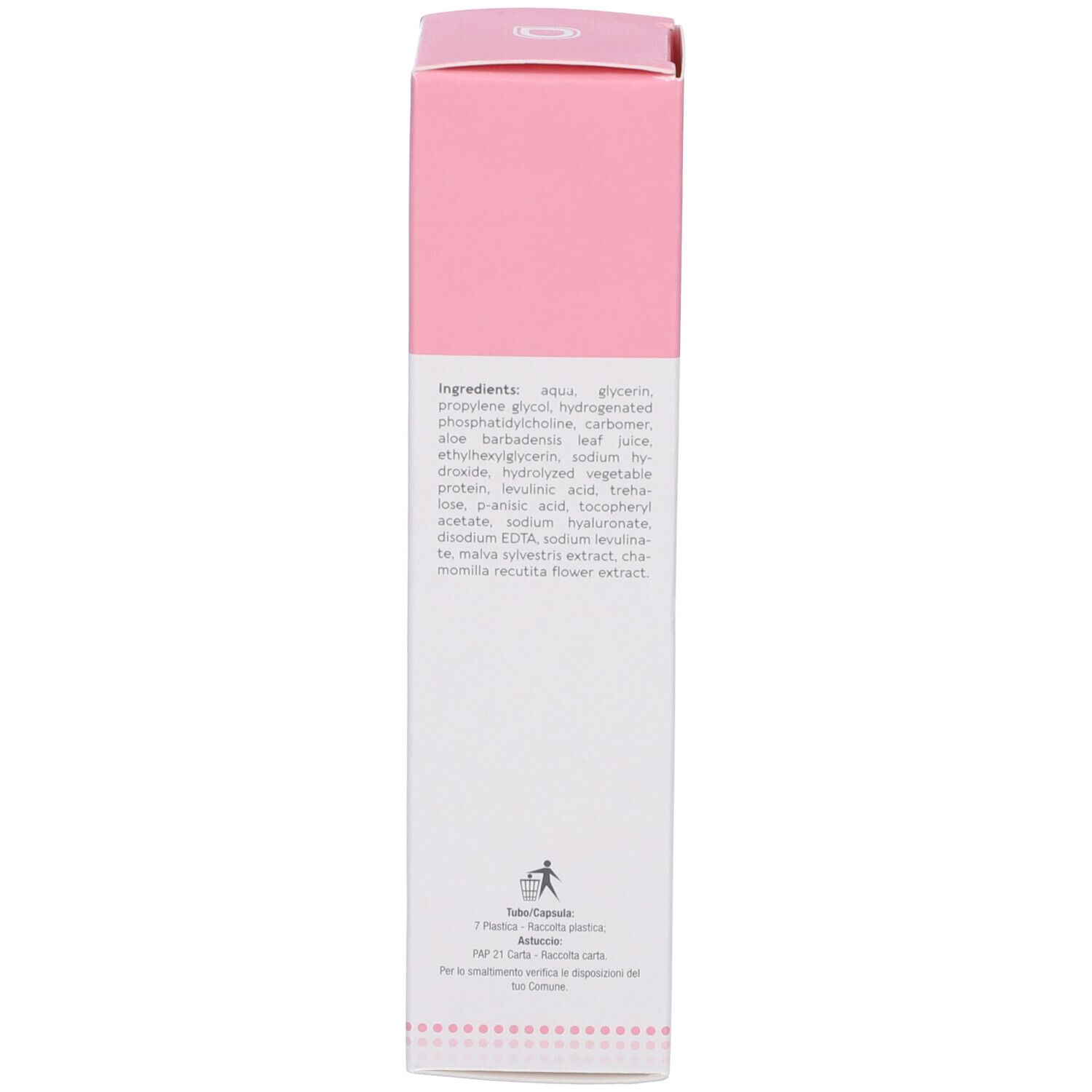 Lato della scatola Dermovitamina Elle Gel Intimo con elenco dettagliato degli ingredienti.