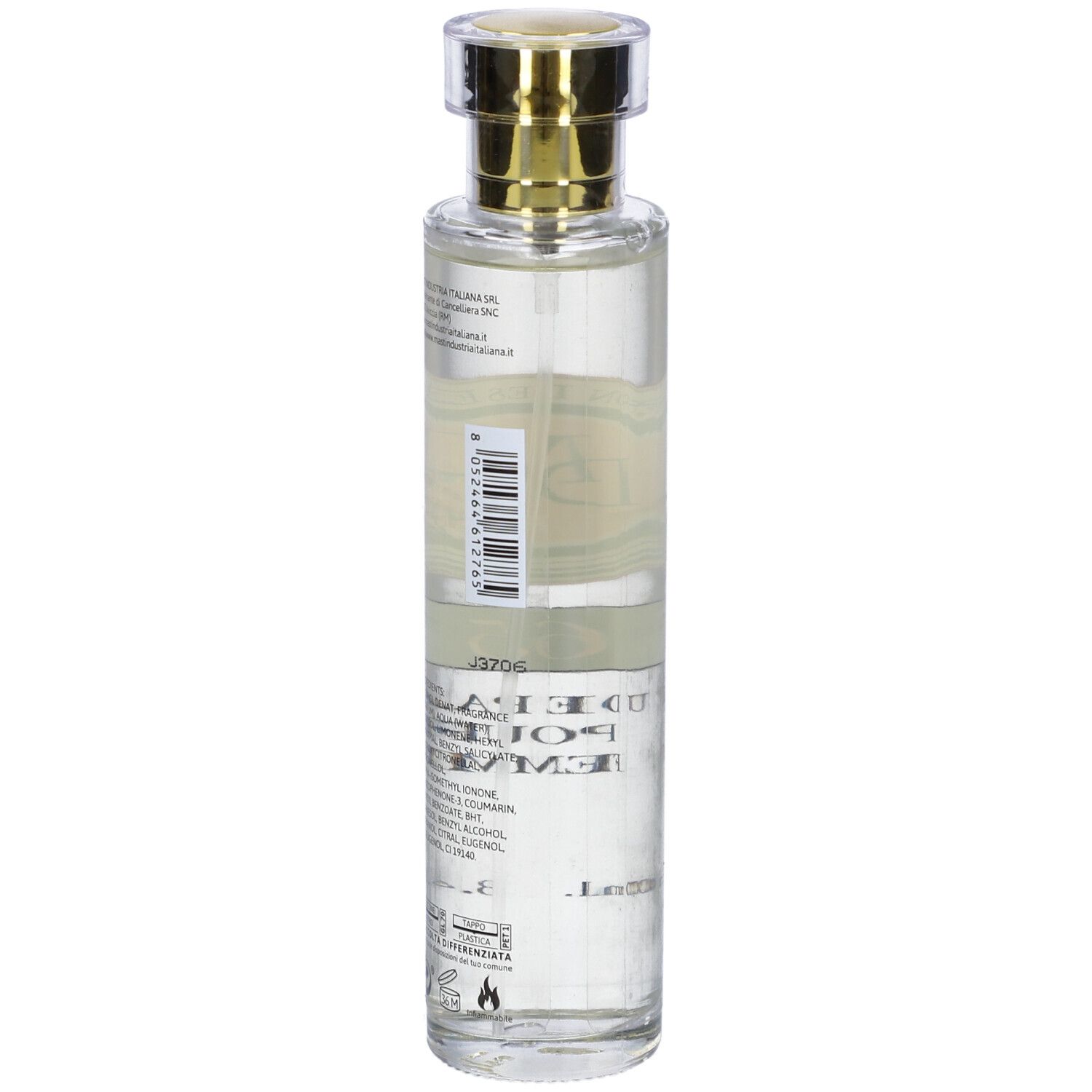 Flacone trasparente con tappo dorato. Etichetta con testo e codice a barre. Marchio: La Maison Des Essences.