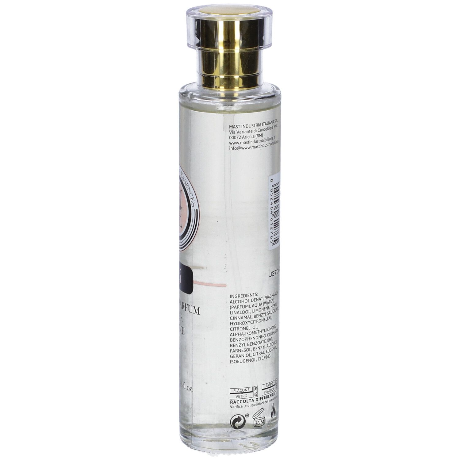 Flacone trasparente con tappo dorato. Etichetta con testo e ingredienti. Marchio: La Maison Des Essences.