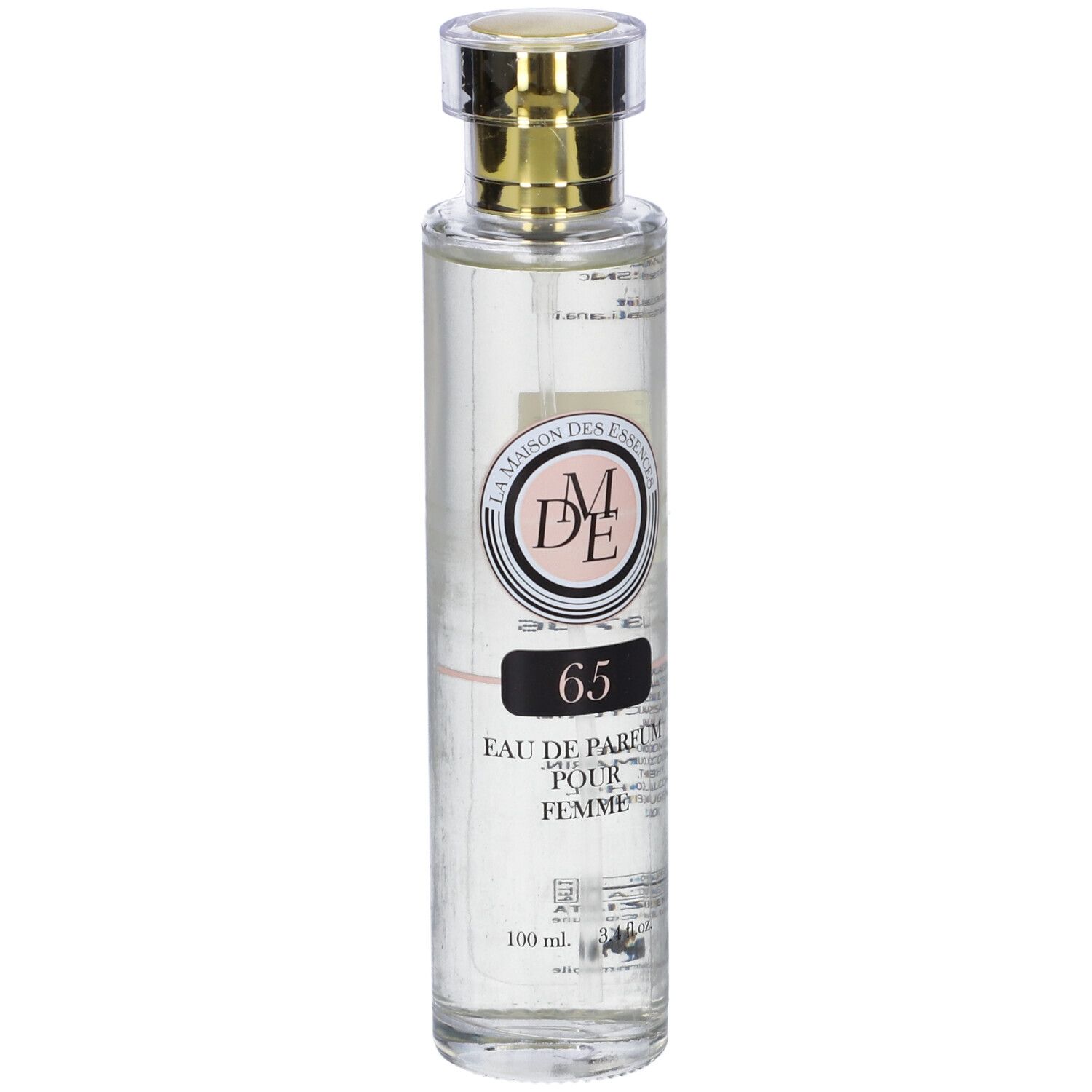 Flacone trasparente con tappo dorato. Etichetta con testo: 65, Eau de Parfum pour Femme. Marchio: La Maison Des Essences.