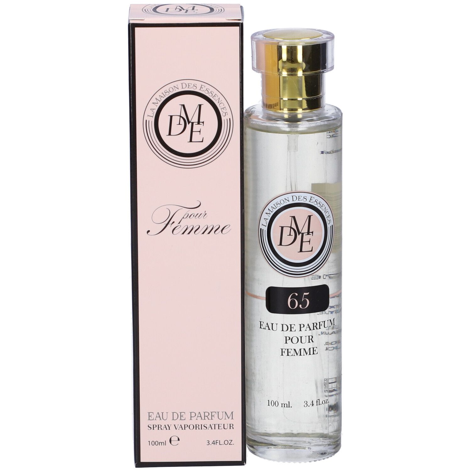 Flacone e confezione. Flacone con tappo dorato. Confezione rosa con testo: Pour Femme. Marchio: La Maison Des Essences.