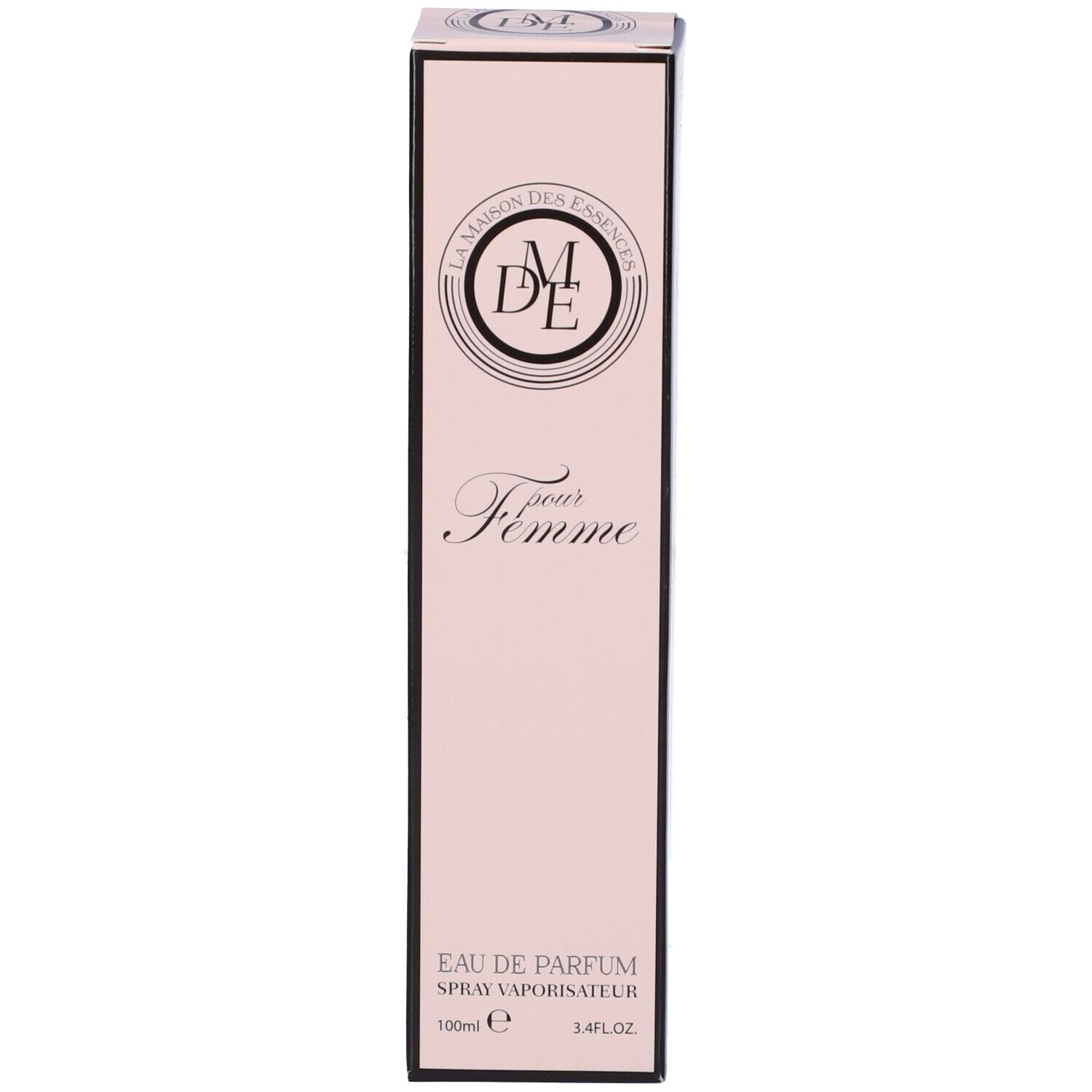 Confezione rosa. Testo: Pour Femme. Marchio: La Maison Des Essences. Eau de Parfum Spray Vaporisateur.
