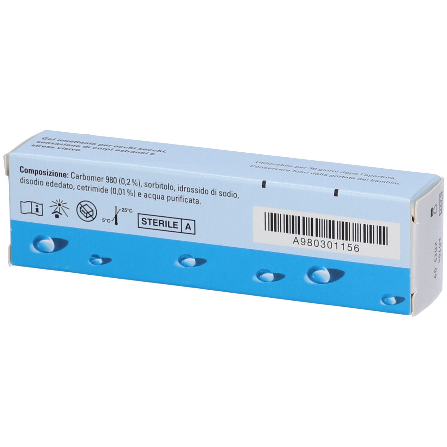 Retro della scatola Visco-Vision gel. Contiene informazioni sugli ingredienti e il numero di lotto A980301156.