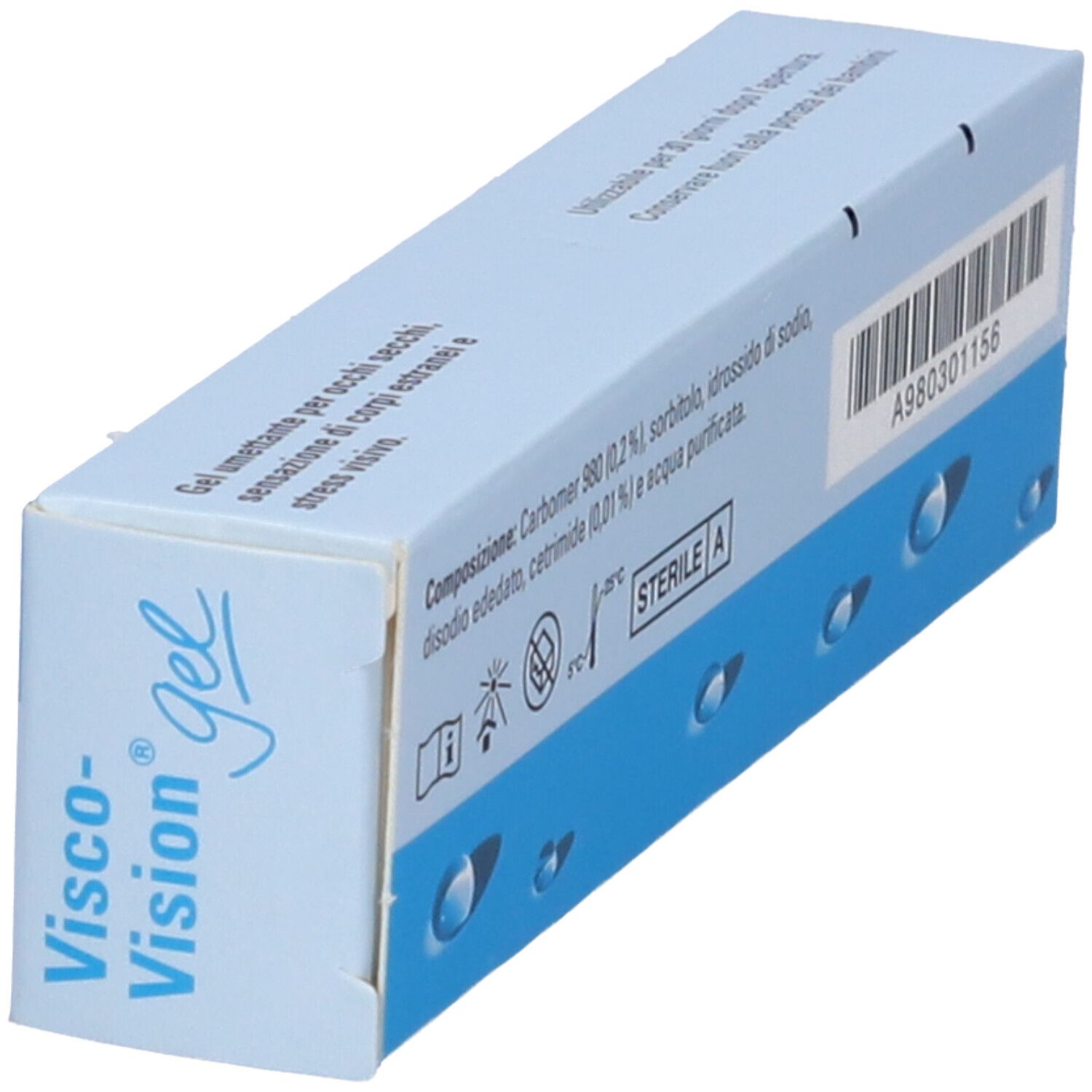 Scatola Visco-Vision gel, blu e bianca. Scritta Visco-Vision gel, 10 g Gel oculare. Sterile A.