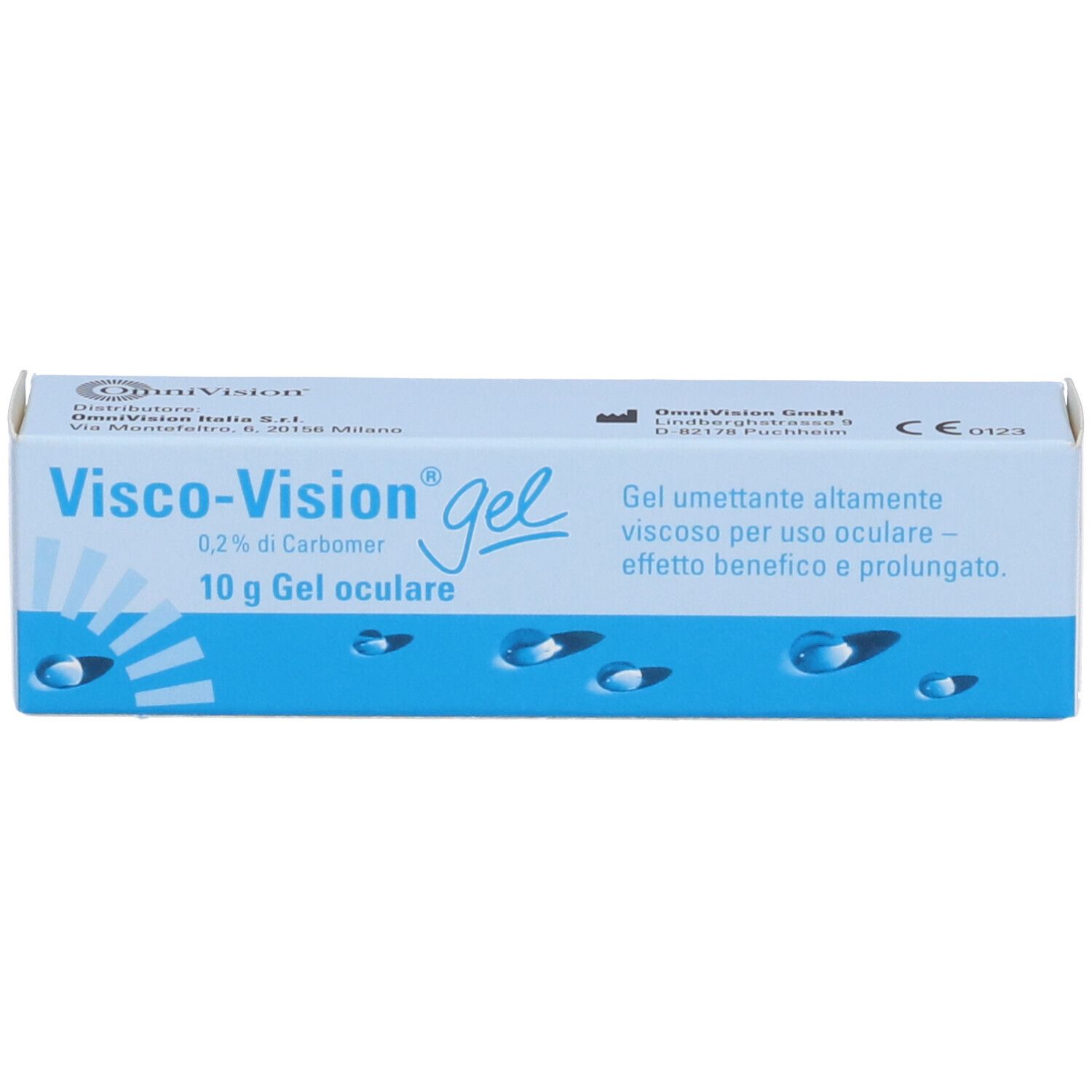 Scatola blu e bianca Visco-Vision gel. Contiene 10 g Gel oculare. Marchio CE.