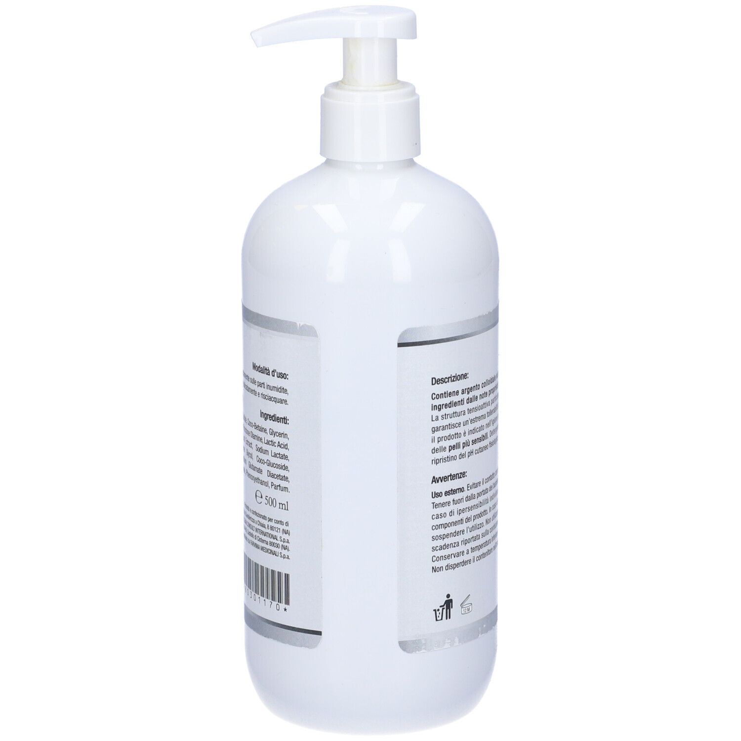 Retro del flacone bianco. Testo: ingredienti, istruzioni per l'uso. Volume: 500 ml. Codice a barre.