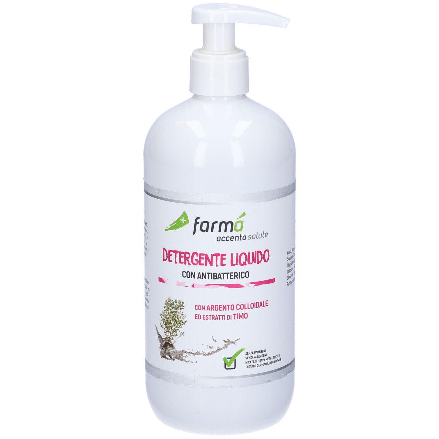 Flacone bianco con dosatore. Scritta: Farma, Detergente Liquido con Antibatterico. Con argento ed estratto di timo.