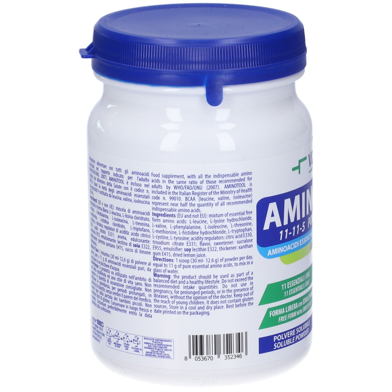 Retro del barattolo di polvere bianca con coperchio blu. Testo: aminoacidi, ingredienti, istruzioni per l'uso.