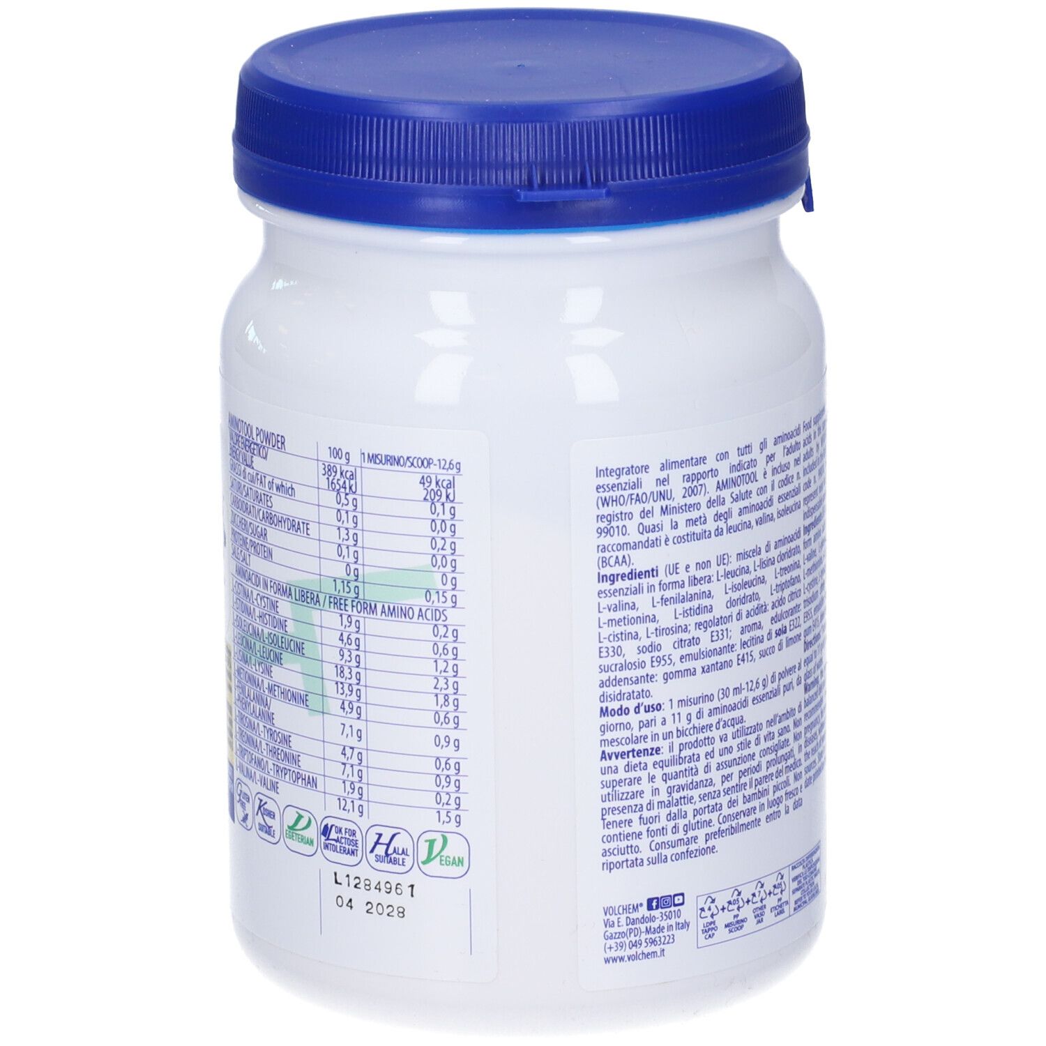 Retro del barattolo di polvere bianca con coperchio blu. Informazioni nutrizionali e altre informazioni.