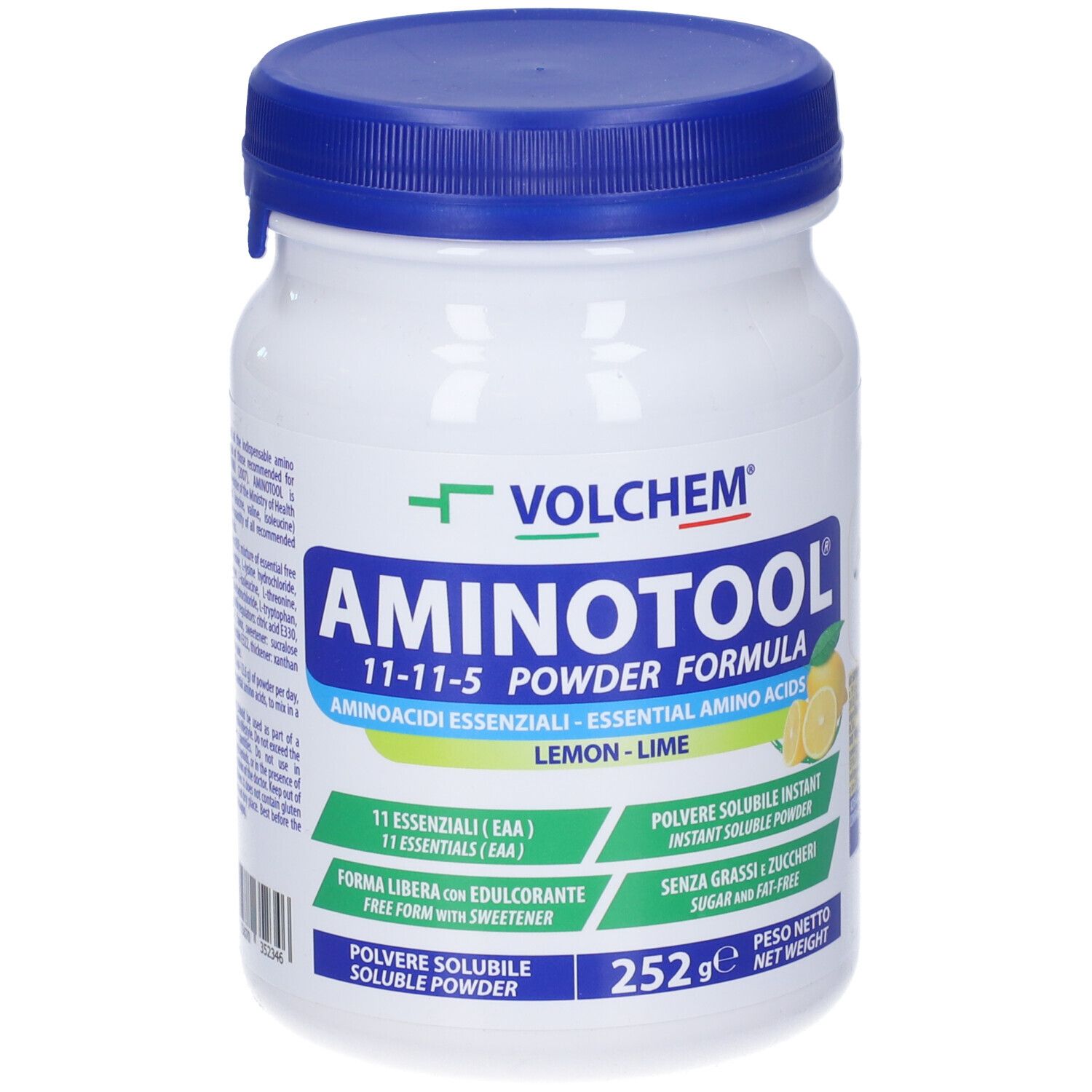 Polvere bianca in barattolo con coperchio blu. Scritta: Aminotool, 11-11-5, Lemon-Lime. 252g.