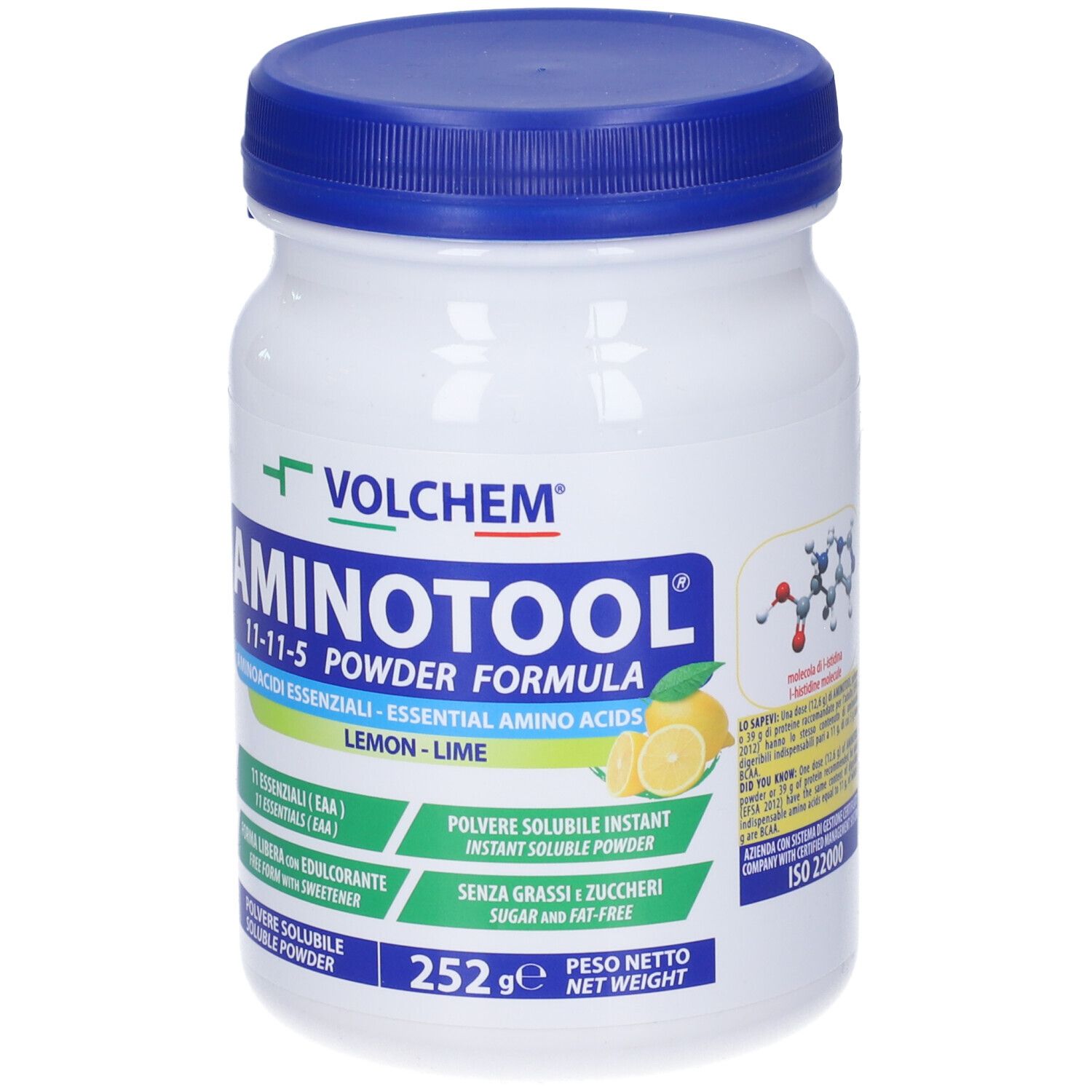 Polvere bianca in barattolo con coperchio blu. Scritta: Aminotool, 11-11-5, Lemon-Lime. 252g. ISO 22000.