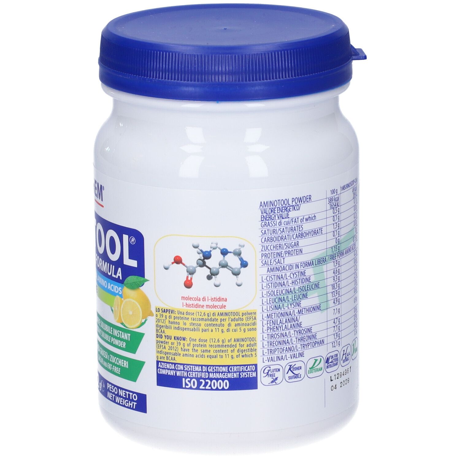 Retro del barattolo di polvere bianca con coperchio blu. Informazioni nutrizionali, certificazione ISO 22000.