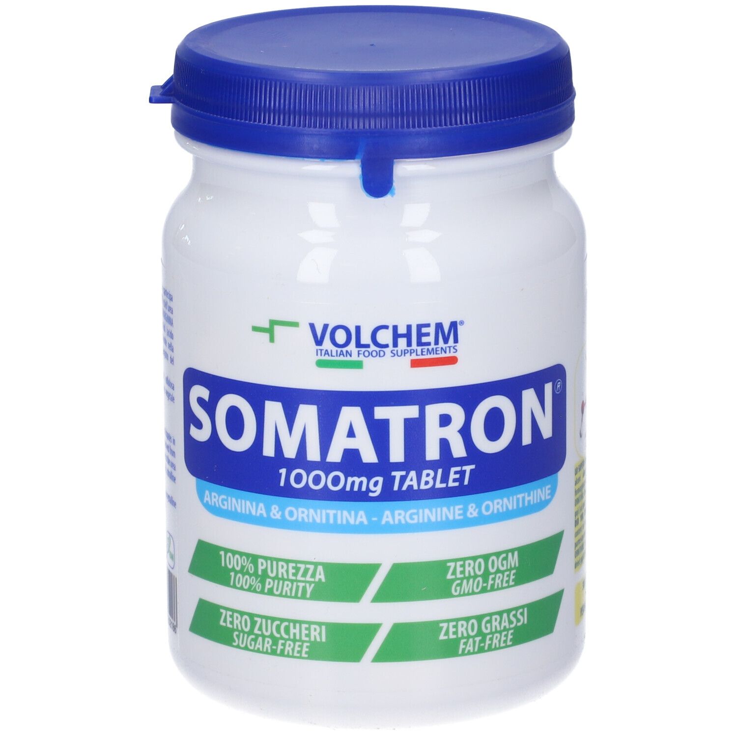Barattolo bianco con coperchio blu. Scritta: VOLCHEM Somatron 1000mg Tablet Arginina & Ornitina.