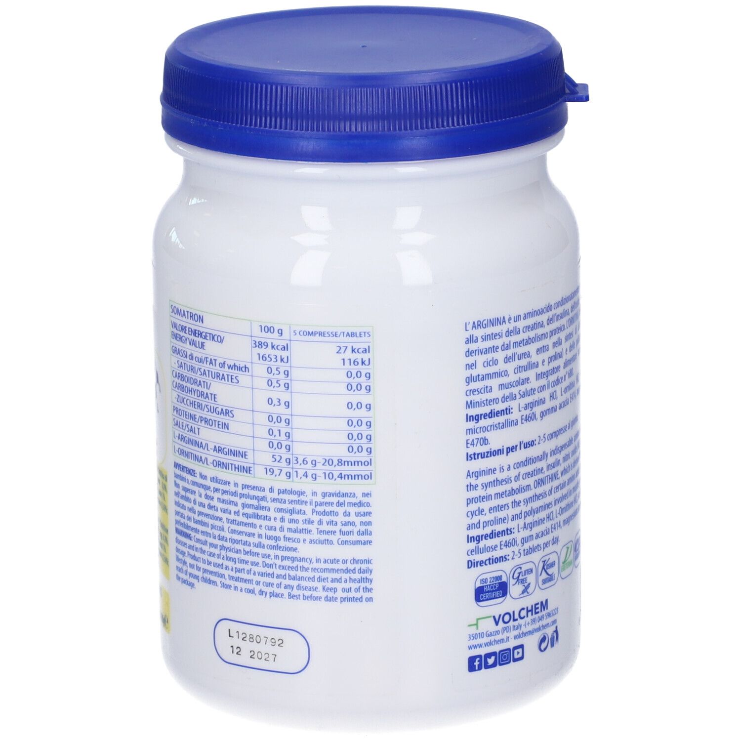 Retro del barattolo bianco con coperchio blu. Informazioni nutrizionali e testo: VOLCHEM, Somatron, Arginina & Ornitina.