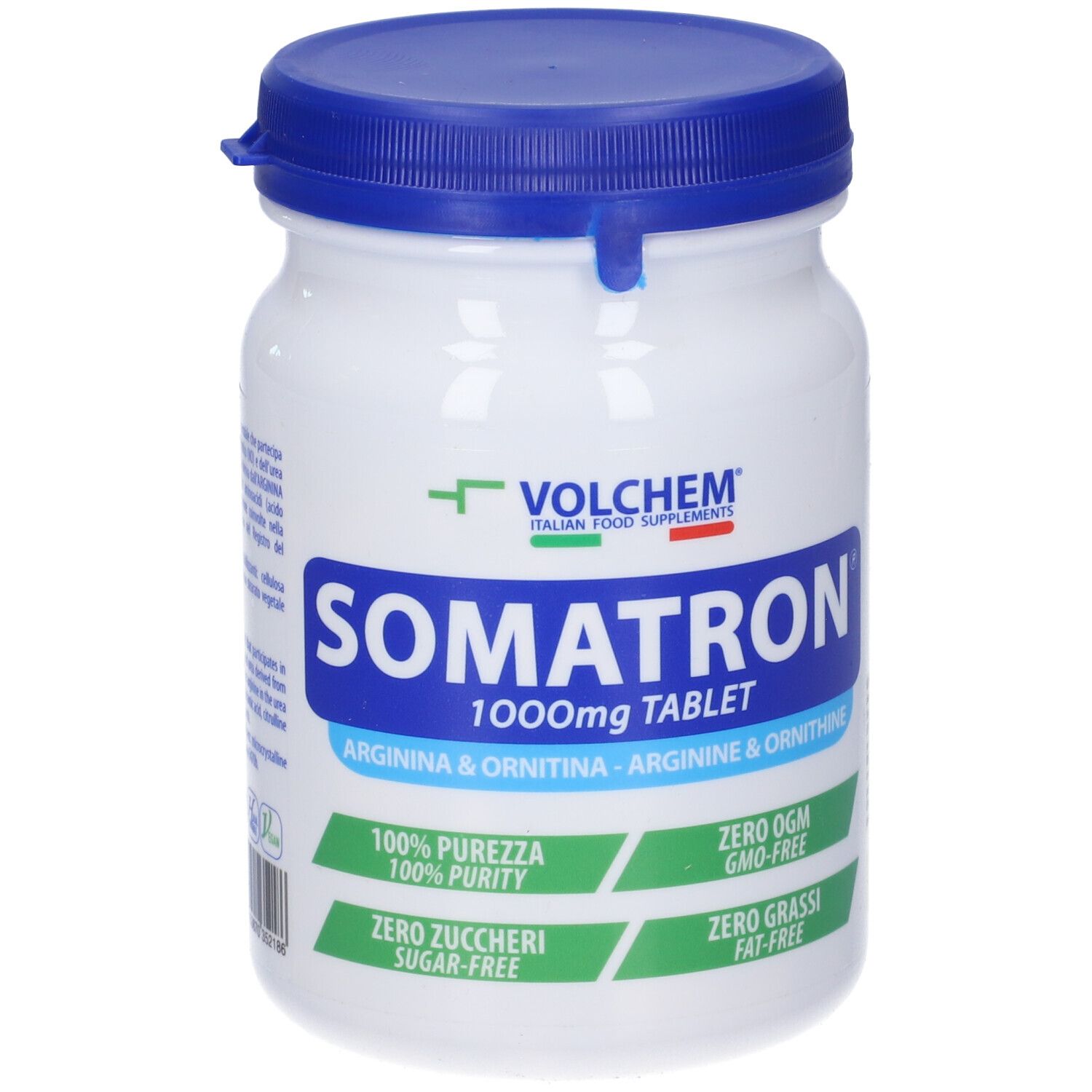 Barattolo bianco con coperchio blu. Scritta: VOLCHEM Somatron 1000mg Tablet Arginina & Ornitina.