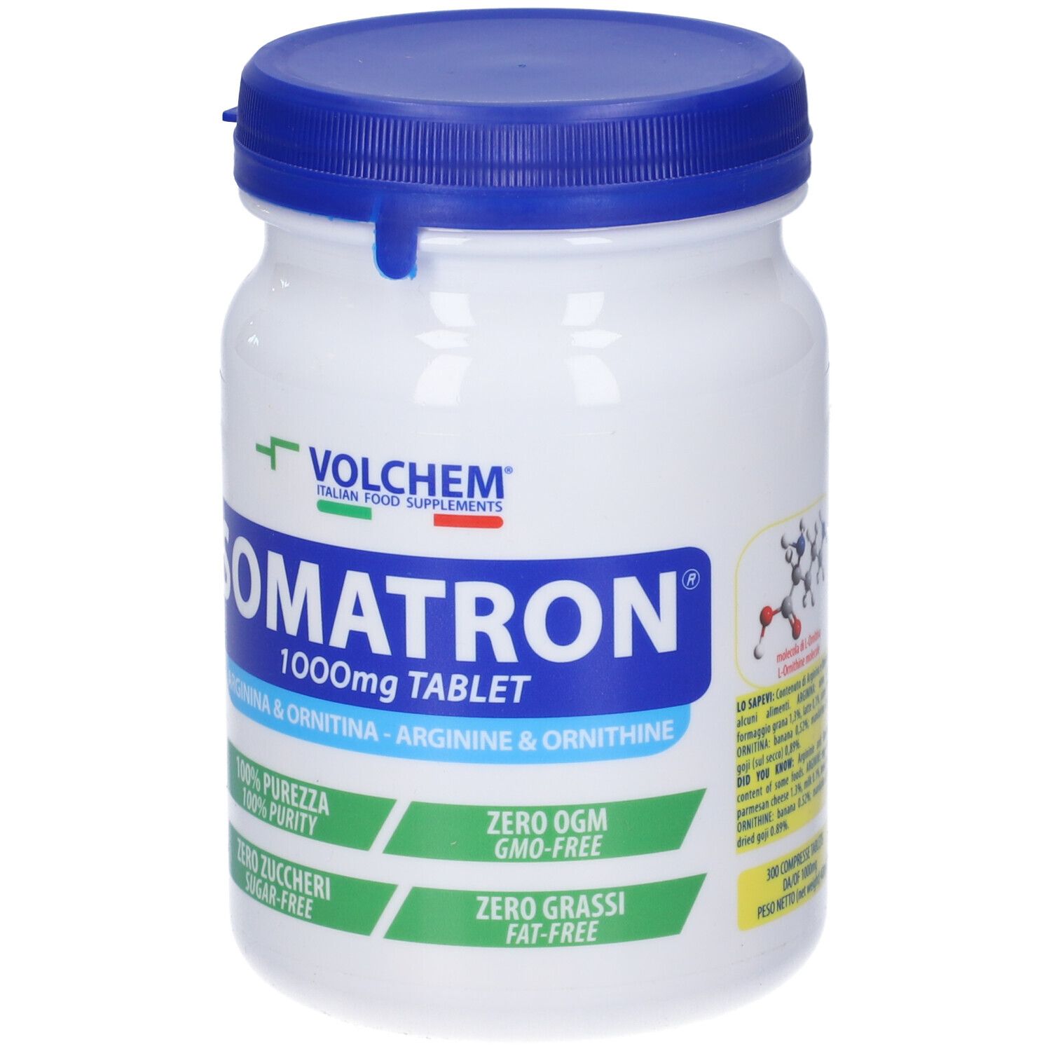 Barattolo bianco con coperchio blu. Scritta: VOLCHEM Somatron 1000mg Tablet Arginina & Ornitina. Grafica.