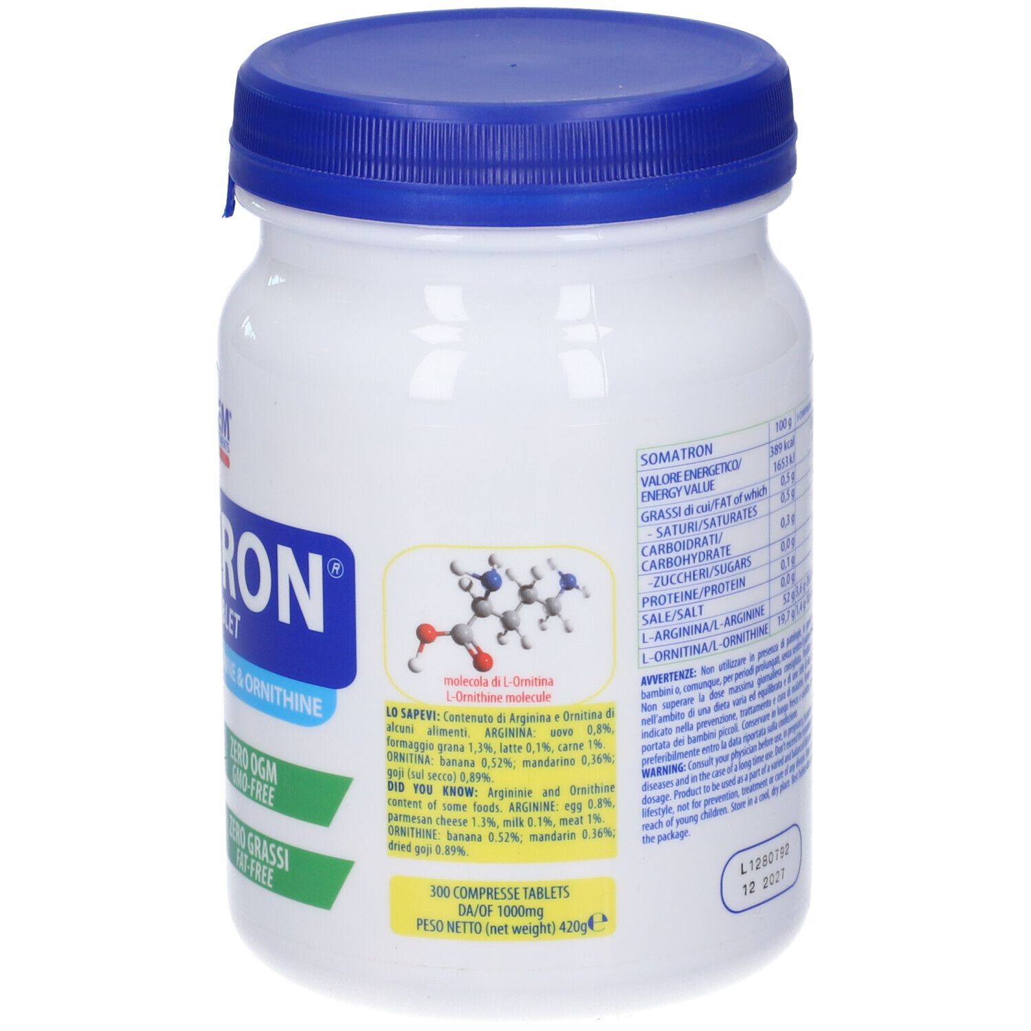 Retro del barattolo bianco con coperchio blu. Informazioni nutrizionali, testo e grafica. VOLCHEM Somatron.