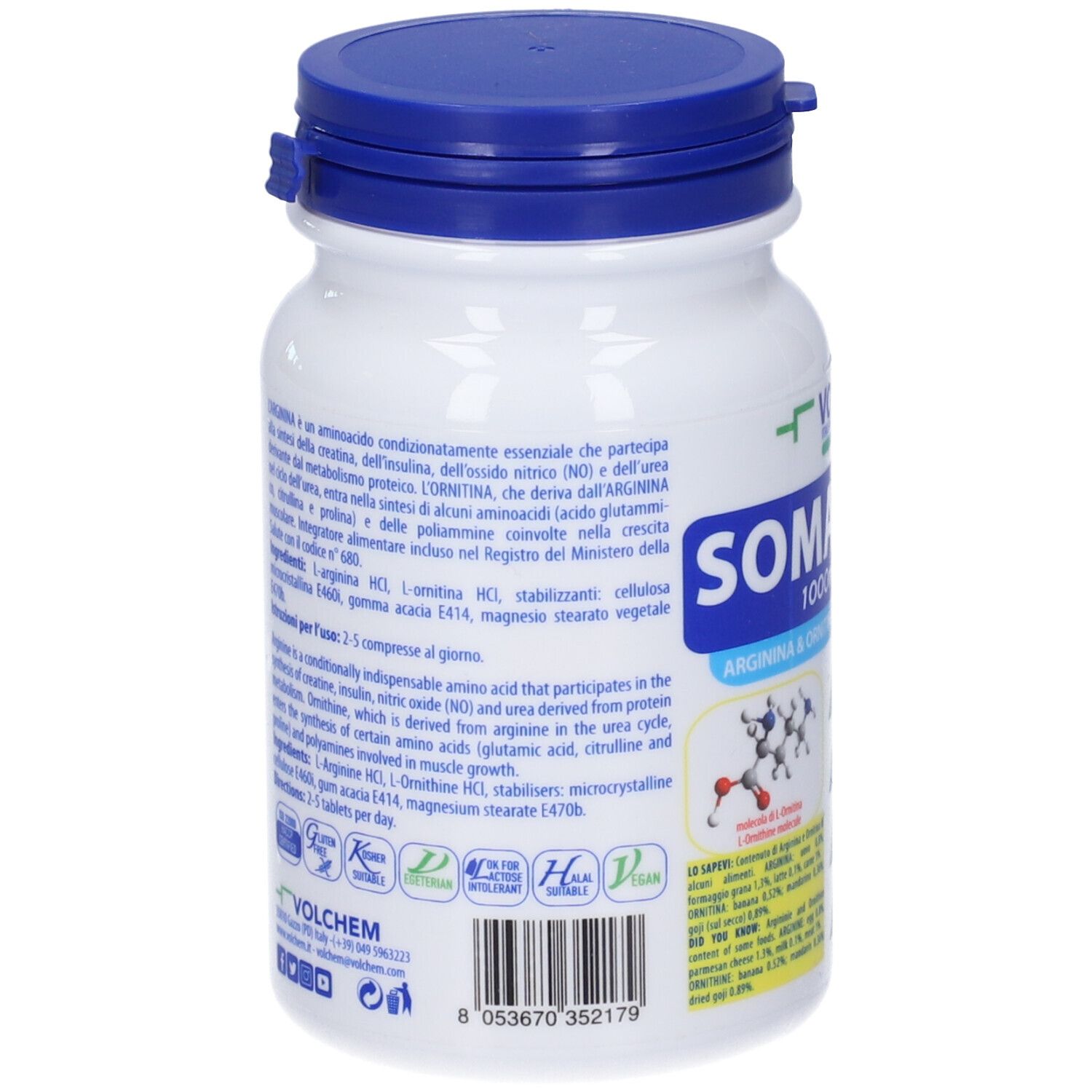 Retro di un flacone bianco con tappo blu. Testo: Somatron 1000mg Arginina & Ornitina. Ingredienti e informazioni nutrizionali. Logo: VOLCHEM.