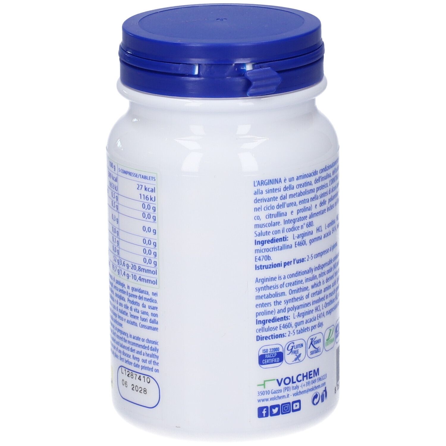 Retro di un flacone bianco con tappo blu. Testo: Informazioni nutrizionali, ingredienti, dosaggio. Logo: VOLCHEM. Data di scadenza.