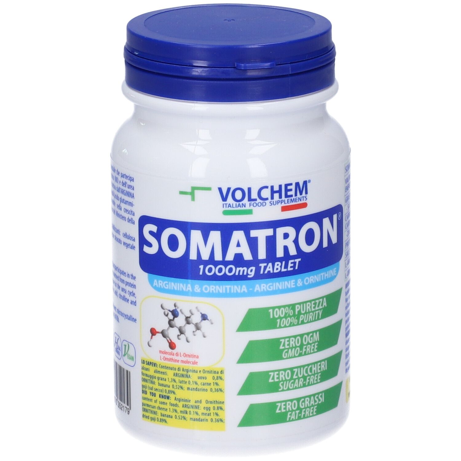 Flacone bianco con tappo blu. Scritta: VOLCHEM Somatron 1000mg Tablet. Arginina & Ornitina. 100% Purezza. Zero OGM. Zero Zuccheri. Zero Grassi.