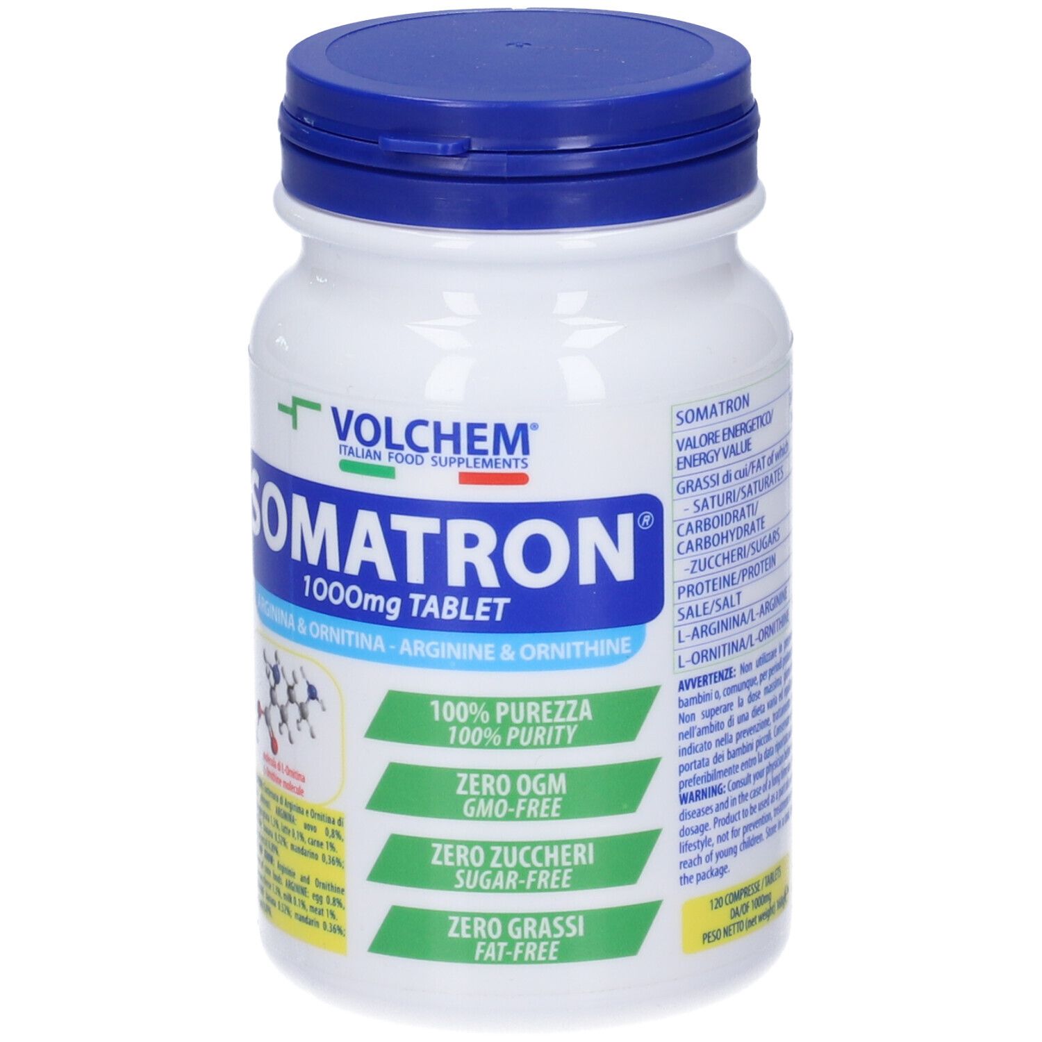 Flacone bianco con tappo blu. Scritta: VOLCHEM Somatron 1000mg Tablet. Arginina & Ornitina. 100% Purezza. Zero OGM. Zero Zuccheri. Zero Grassi.