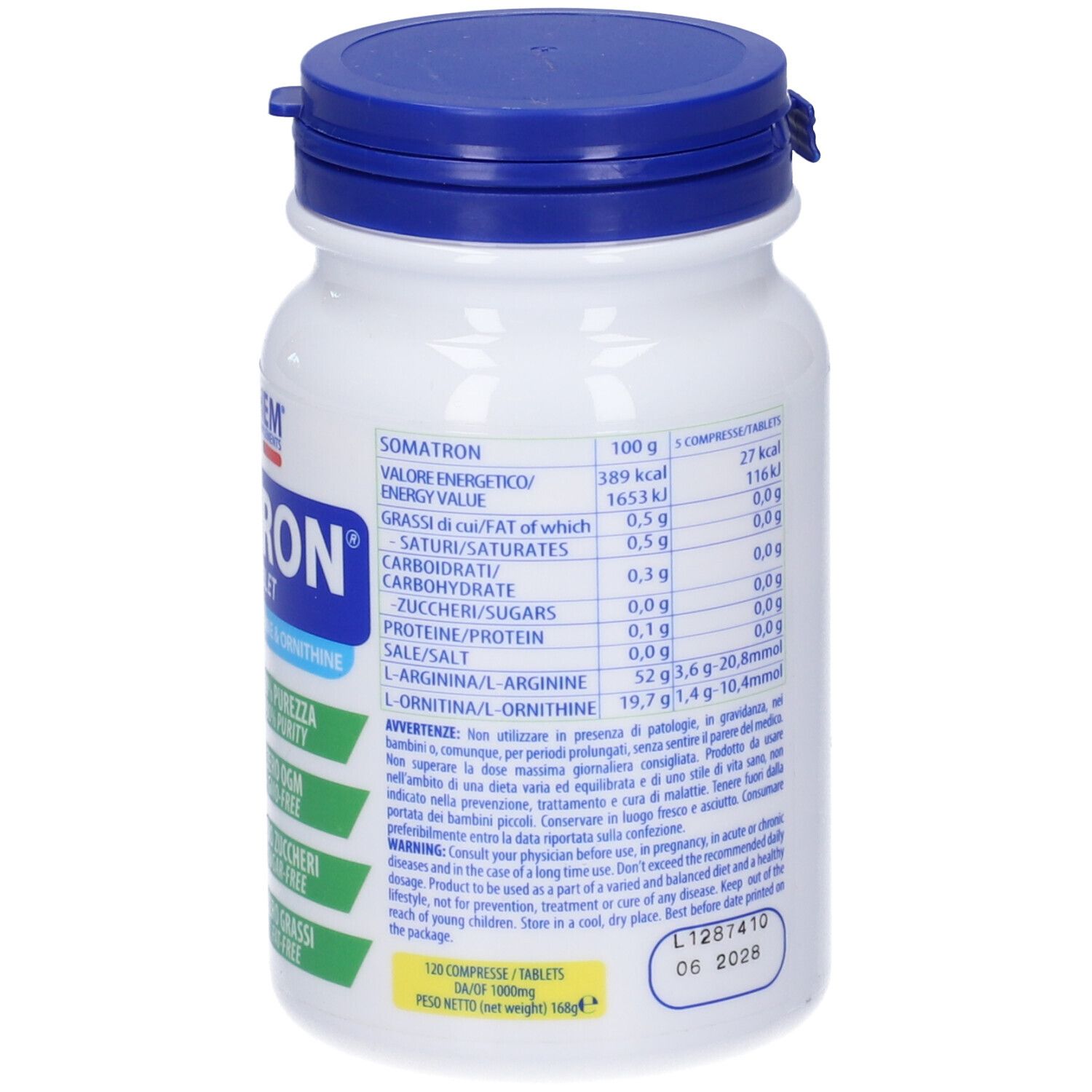 Retro di un flacone bianco con tappo blu. Testo: Informazioni nutrizionali, ingredienti, dosaggio. Logo: VOLCHEM. Data di scadenza.