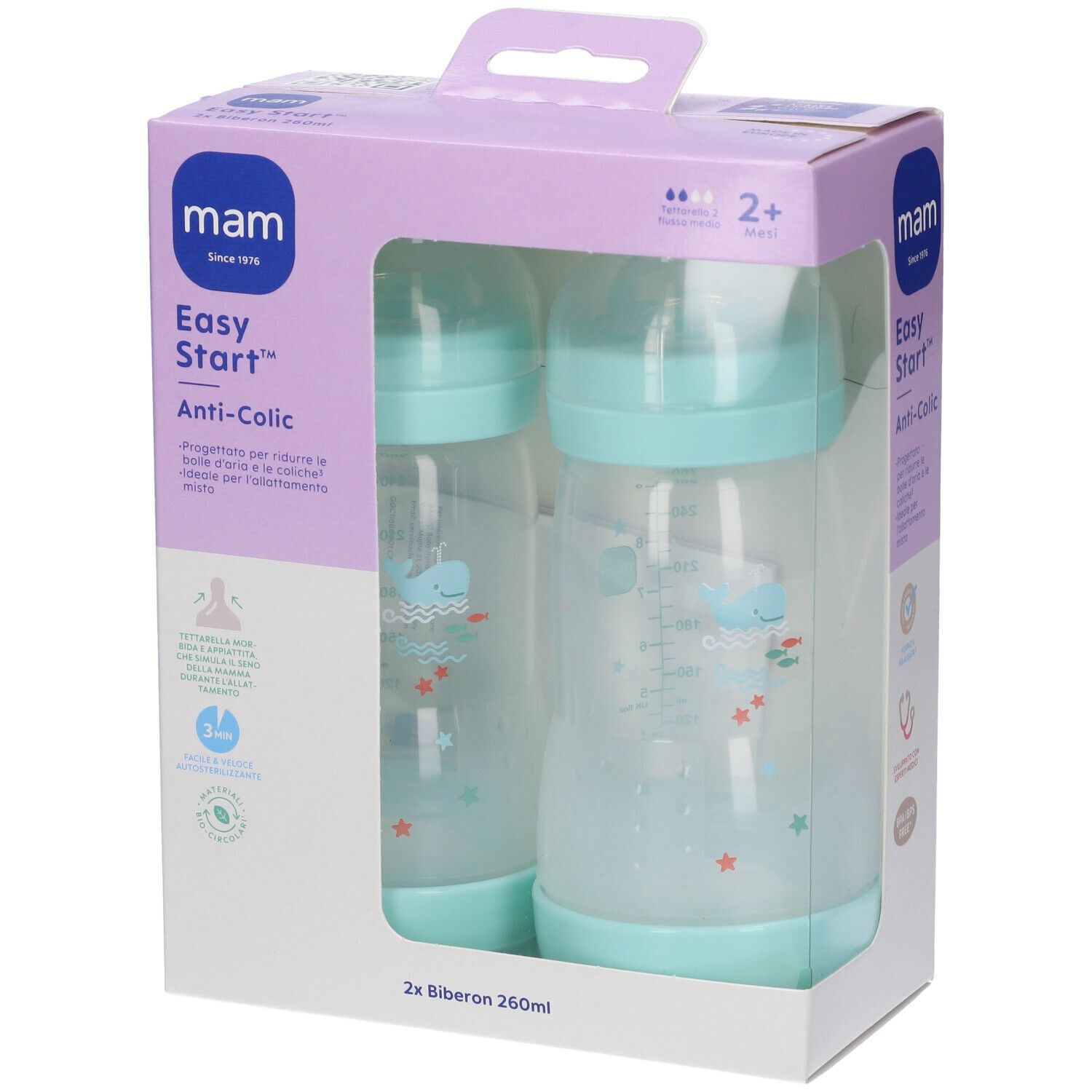 Mam Biberon Easy Start 260 Ml 2+ Tettarella 2 Maschio 2 Pezzi