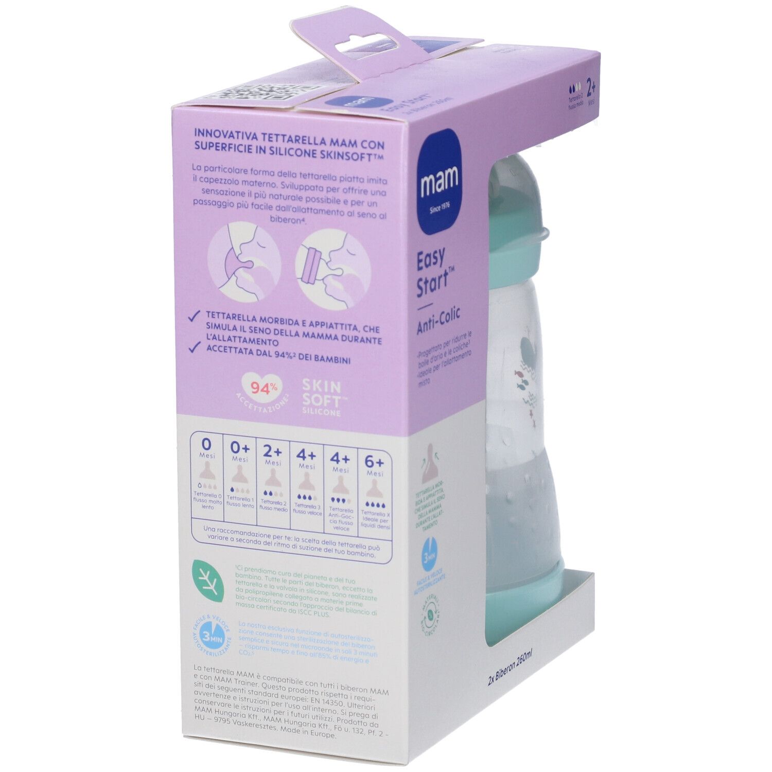 Mam Biberon Easy Start 260 Ml 2+ Tettarella 2 Maschio 2 Pezzi