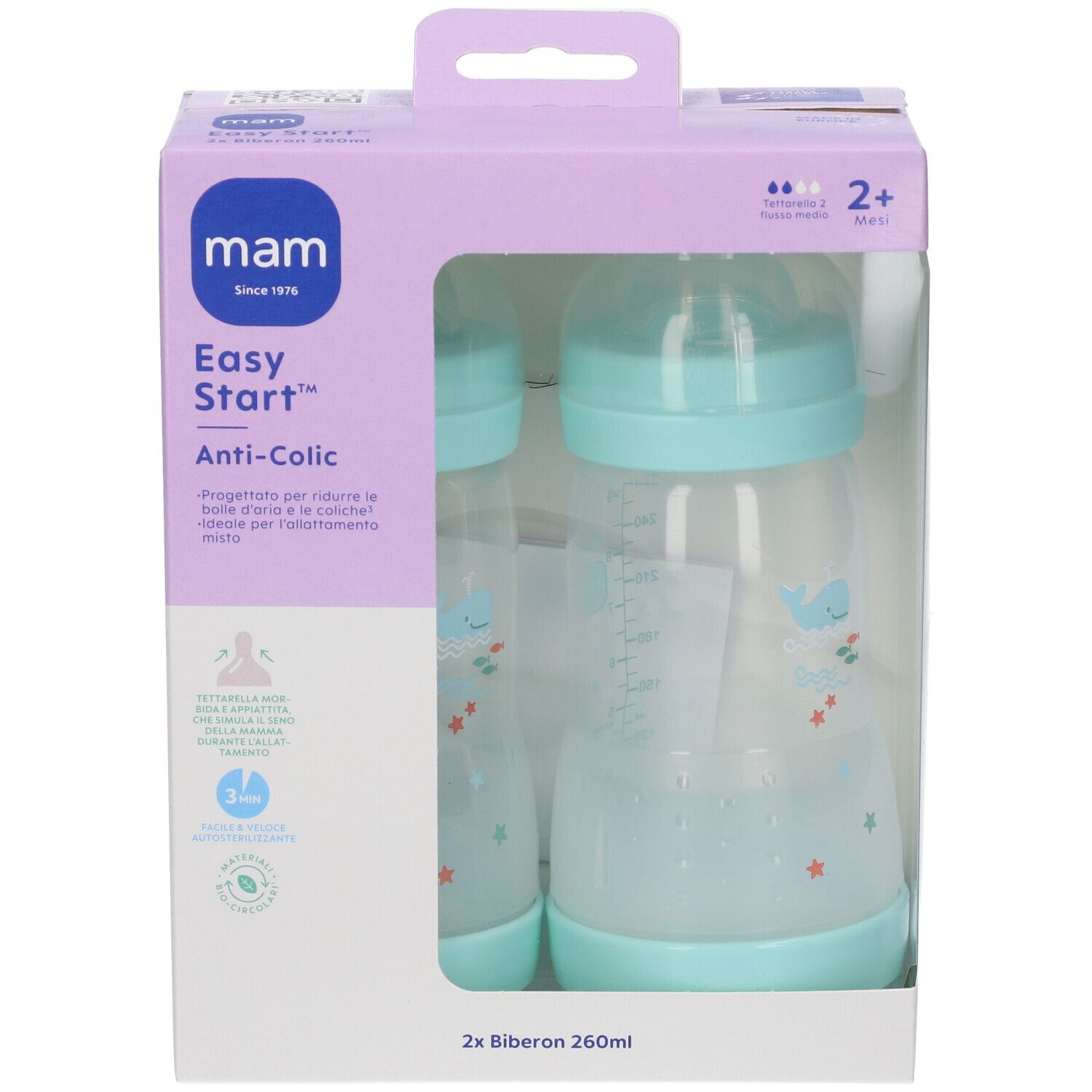 Mam Biberon Easy Start 260 Ml 2+ Tettarella 2 Maschio 2 Pezzi