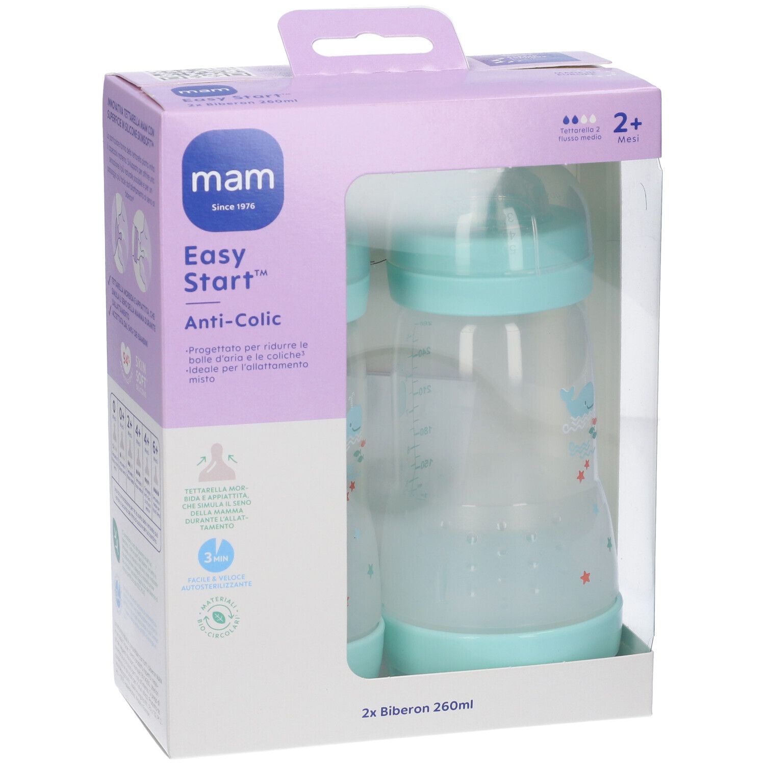 Mam Biberon Easy Start 260 Ml 2+ Tettarella 2 Maschio 2 Pezzi