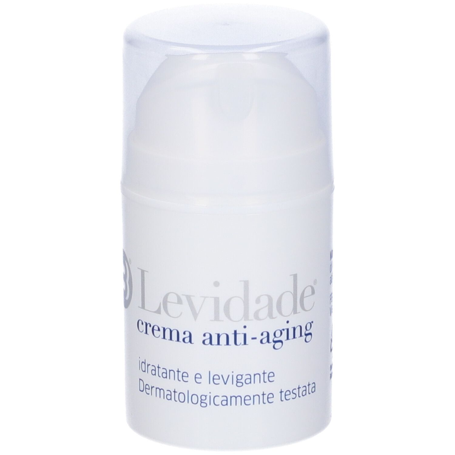 Tubo di crema bianco con coperchio trasparente. Scritta: Levidade crema anti-aging. Idratante e levigante.