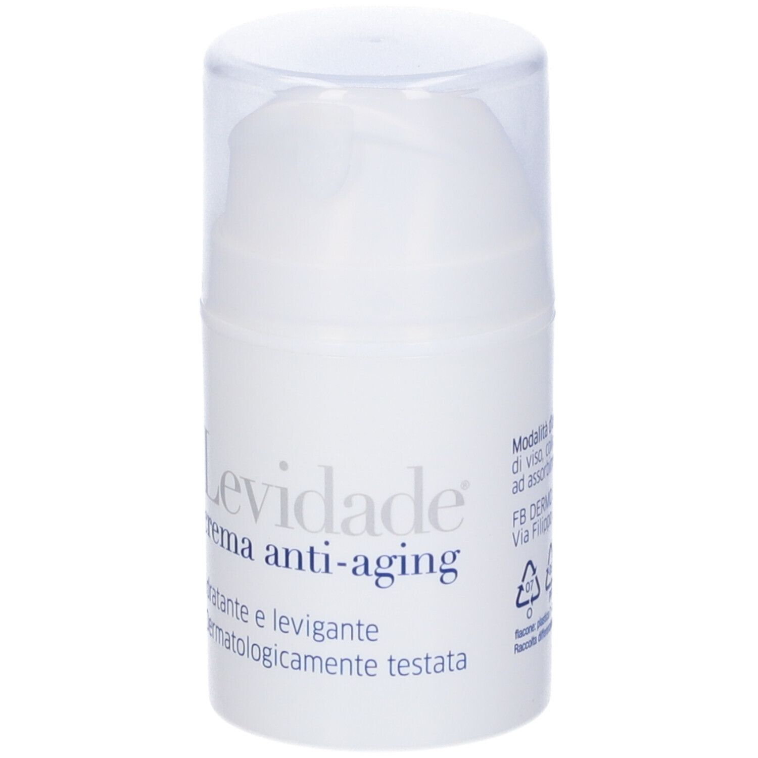 Tubo di crema bianco con coperchio trasparente. Scritta: Levidade crema anti-aging. Idratante e levigante.