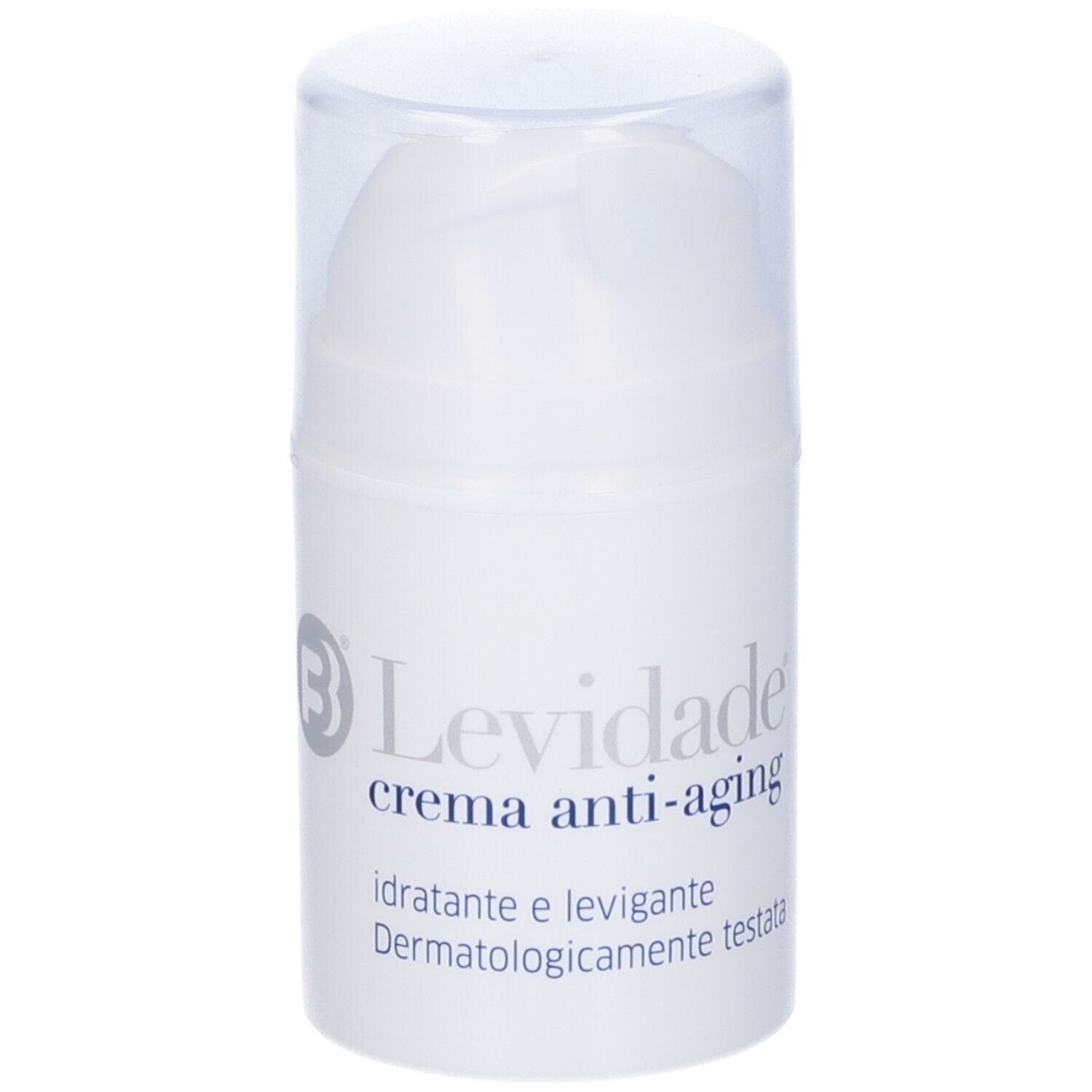 Tubo di crema bianco con coperchio trasparente. Scritta: Levidade crema anti-aging. Idratante e levigante.