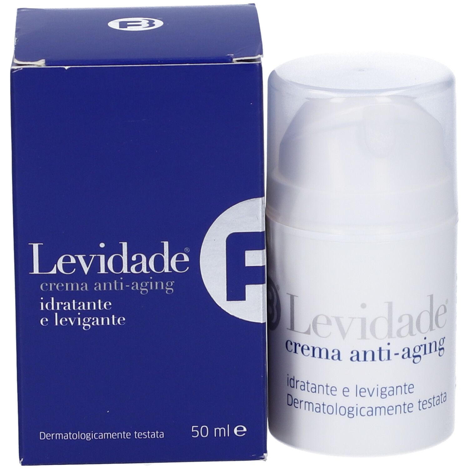Crema e confezione. Scritta: Levidade crema anti-aging. Idratante e levigante. Dermatologicamente testata.