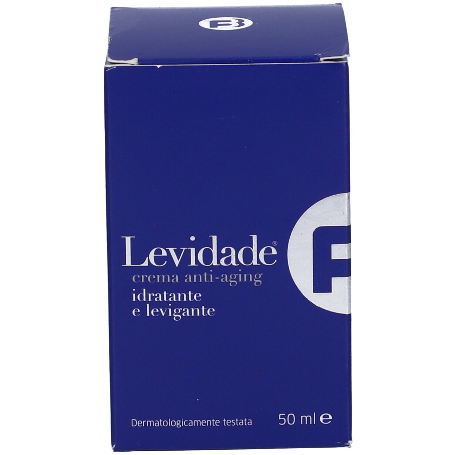 Confezione blu. Scritta: Levidade crema anti-aging. Idratante e levigante. Dermatologicamente testata. 50 ml.
