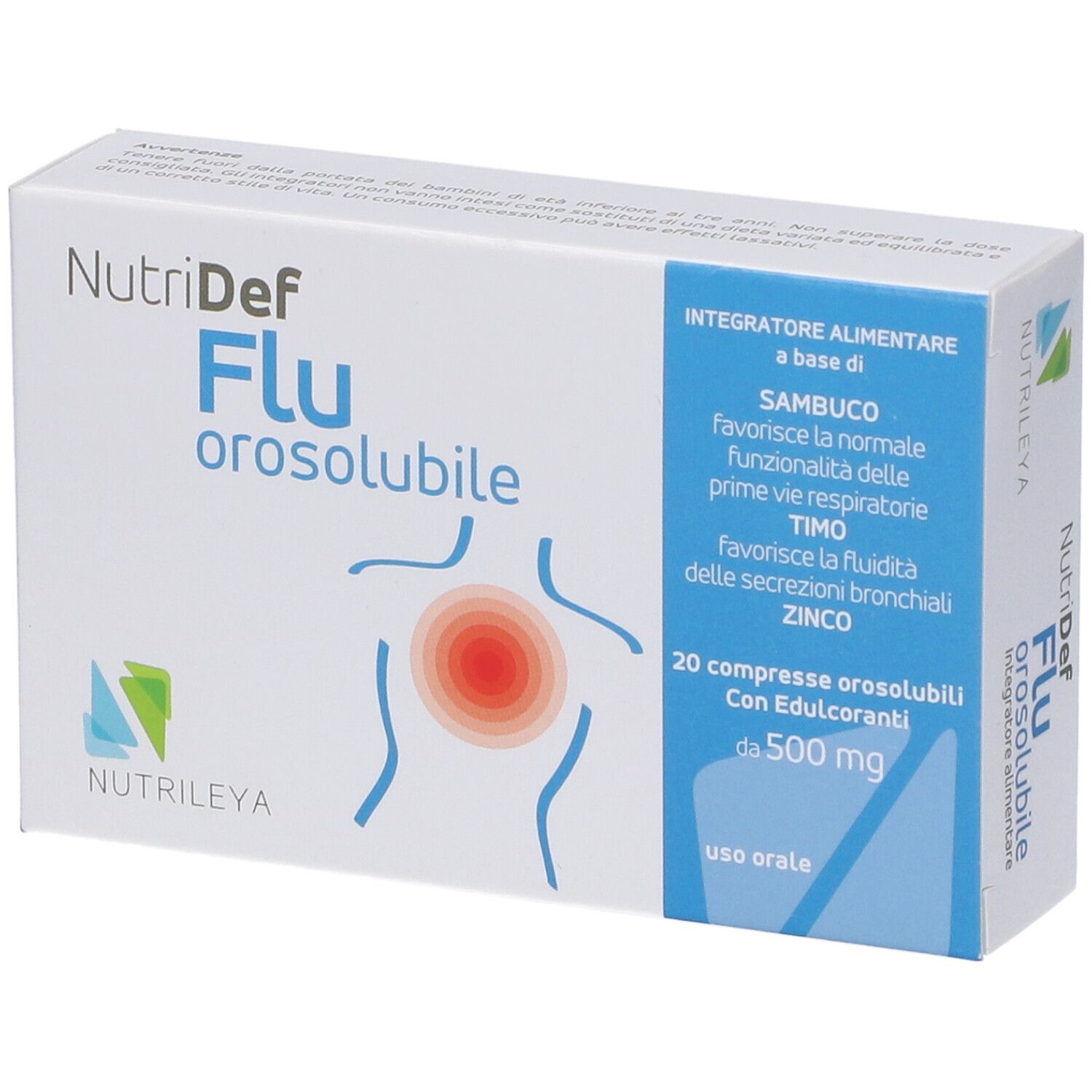 Scatola NutriDef Flu orosolubile. Scritte: marchio, nome, ingredienti, 20 compresse, con edulcoranti.