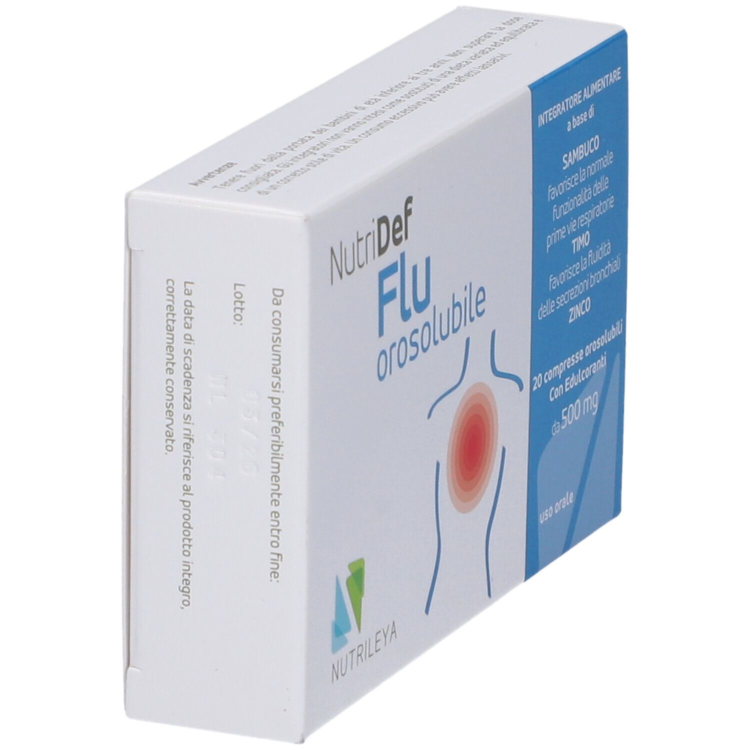 Scatola NutriDef Flu orosolubile. Scritte: marchio, nome, ingredienti, 20 compresse, con edulcoranti.