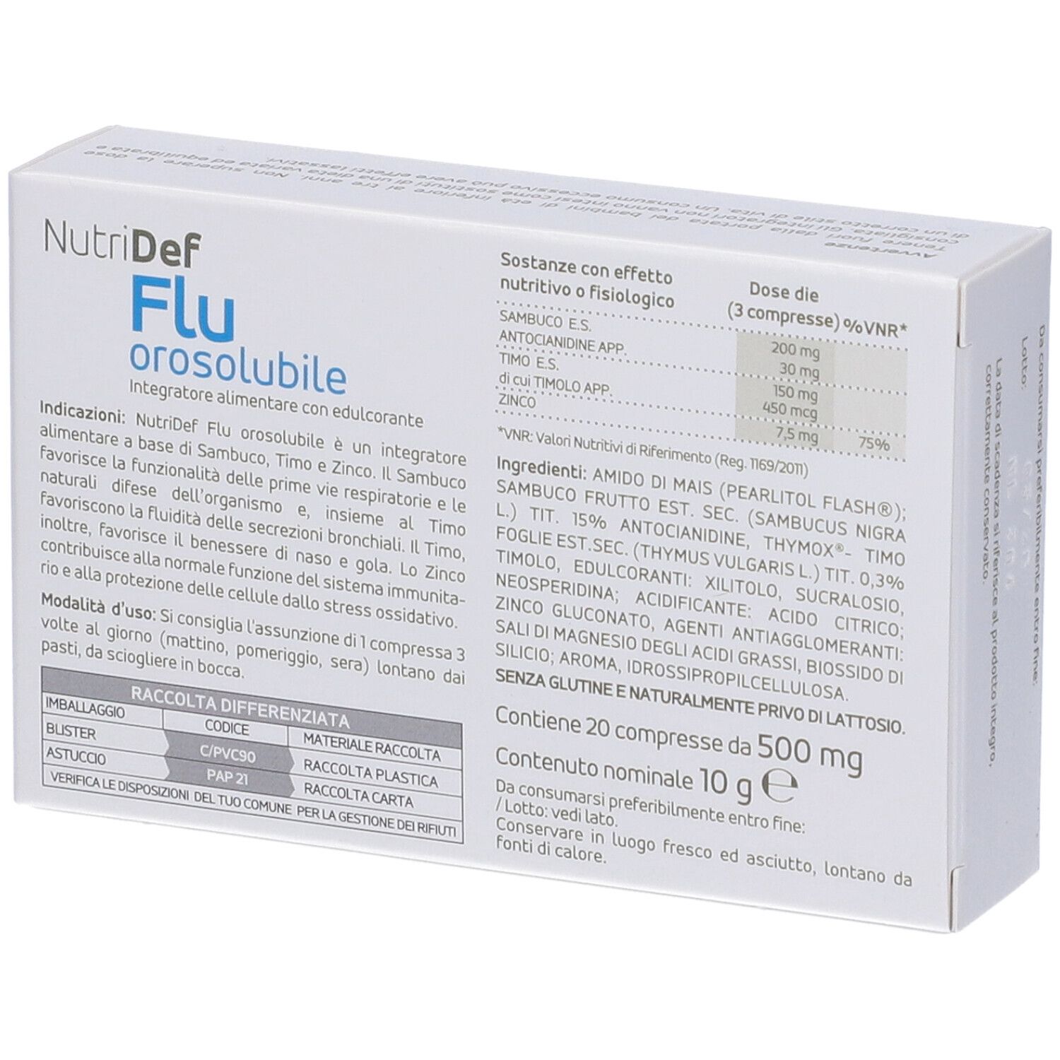 Scatola NutriDef Flu orosolubile. Scritte: marchio, nome, ingredienti, 20 compresse, con edulcoranti.