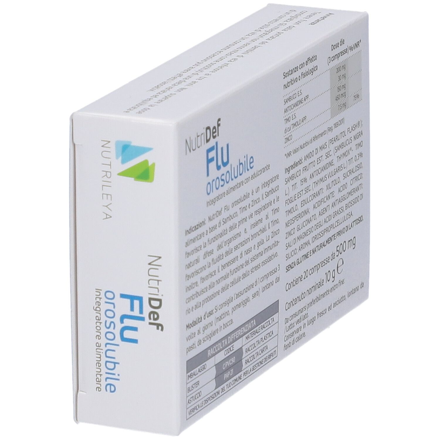 Retro della scatola NutriDef Flu orosolubile. Scritte: ingredienti, dosaggio, informazioni nutrizionali, 20 compresse.