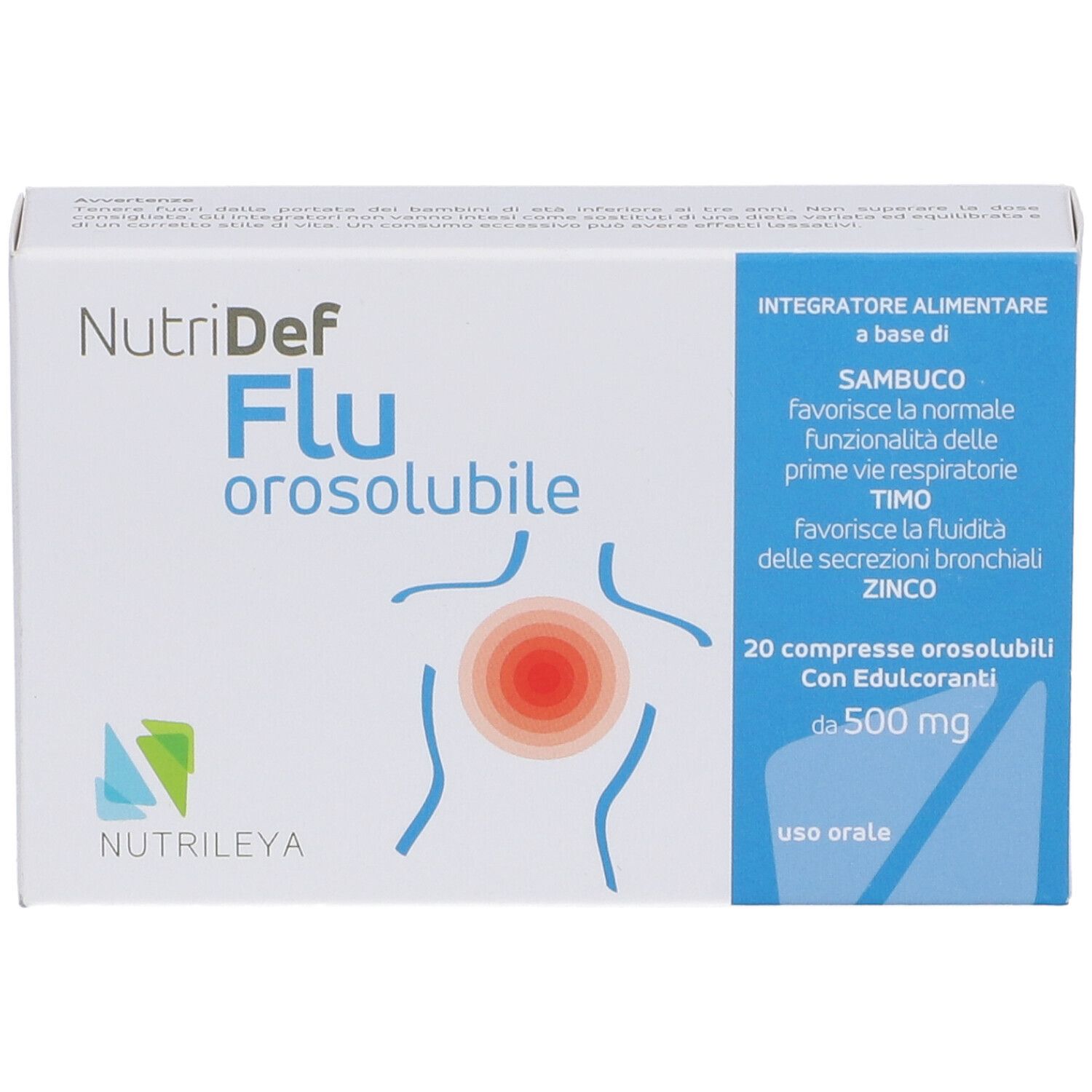 Scatola NutriDef Flu orosolubile. Scritte: marchio, nome, ingredienti, 20 compresse, con edulcoranti.
