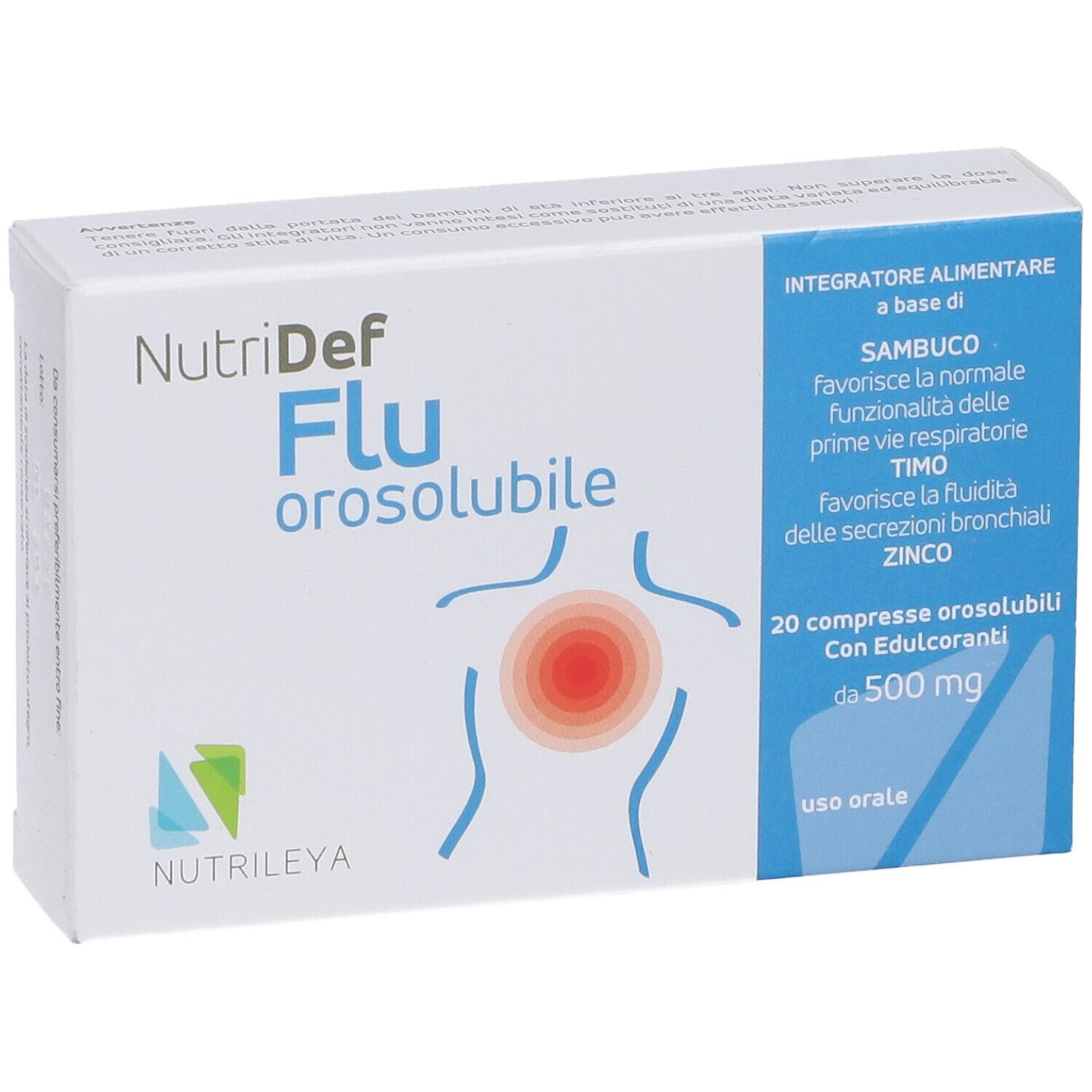 Scatola NutriDef Flu orosolubile. Scritte: marchio, nome, ingredienti, 20 compresse, con edulcoranti.