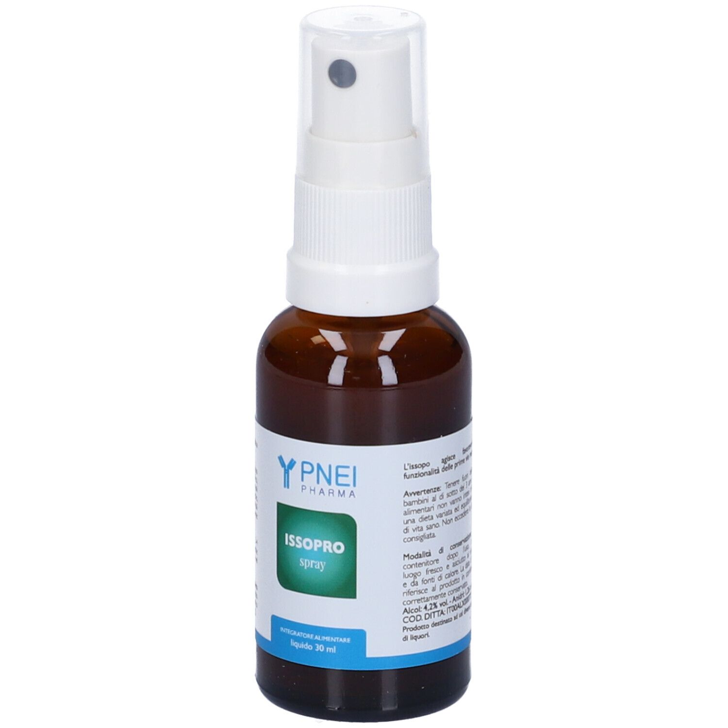 Flacone spray marrone con erogatore bianco. Scritta: ISSOPRO spray. Marchio: PNEI Pharma.
