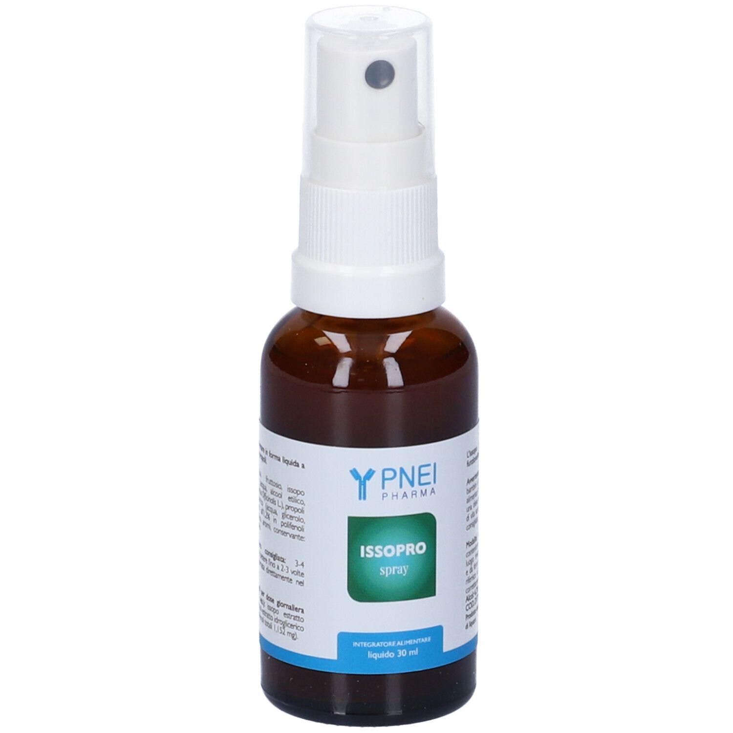 Flacone spray marrone con erogatore bianco. Scritta: ISSOPRO spray. Marchio: PNEI Pharma.
