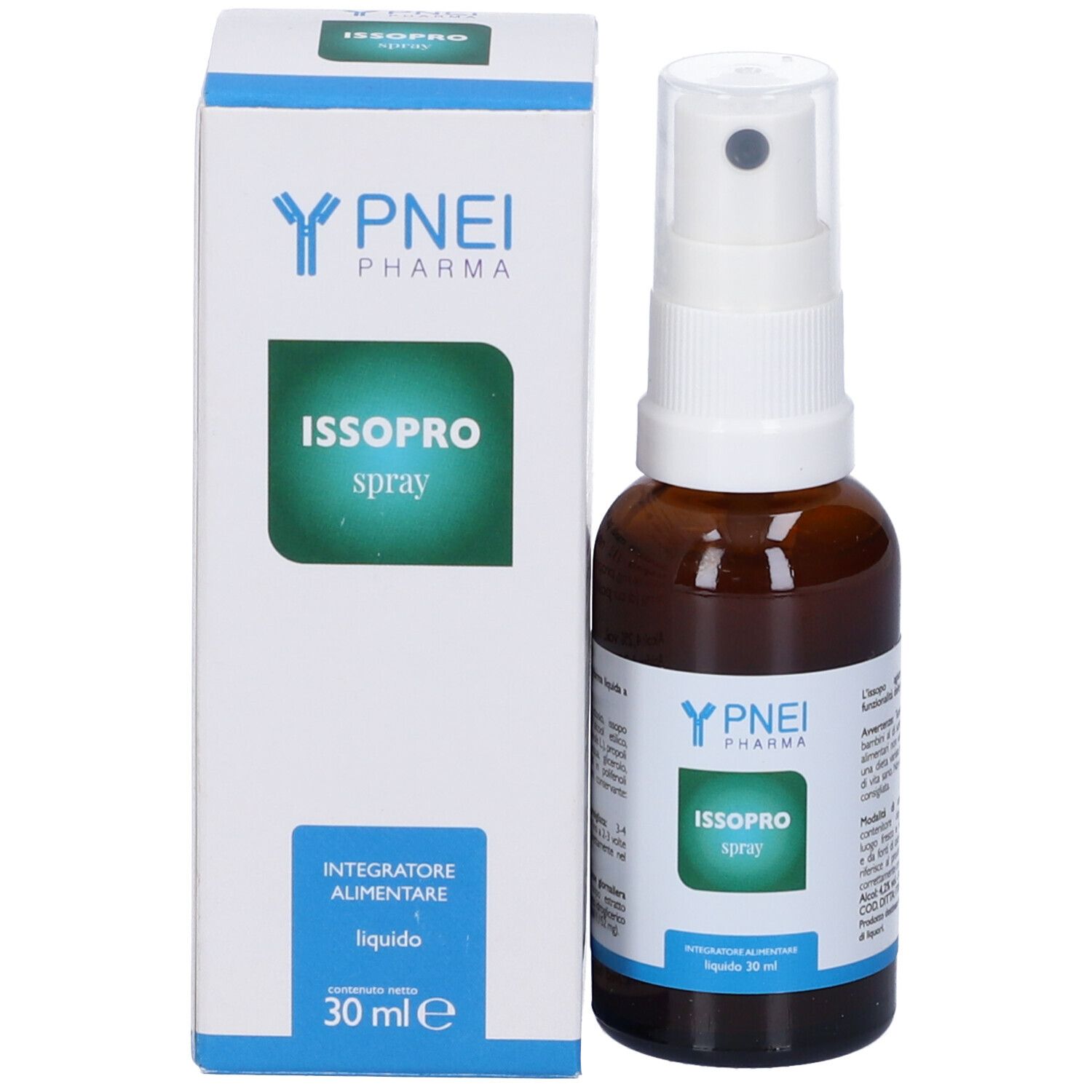 Flacone spray marrone e confezione. Scritta: ISSOPRO spray. Marchio: PNEI Pharma. 30 ml.